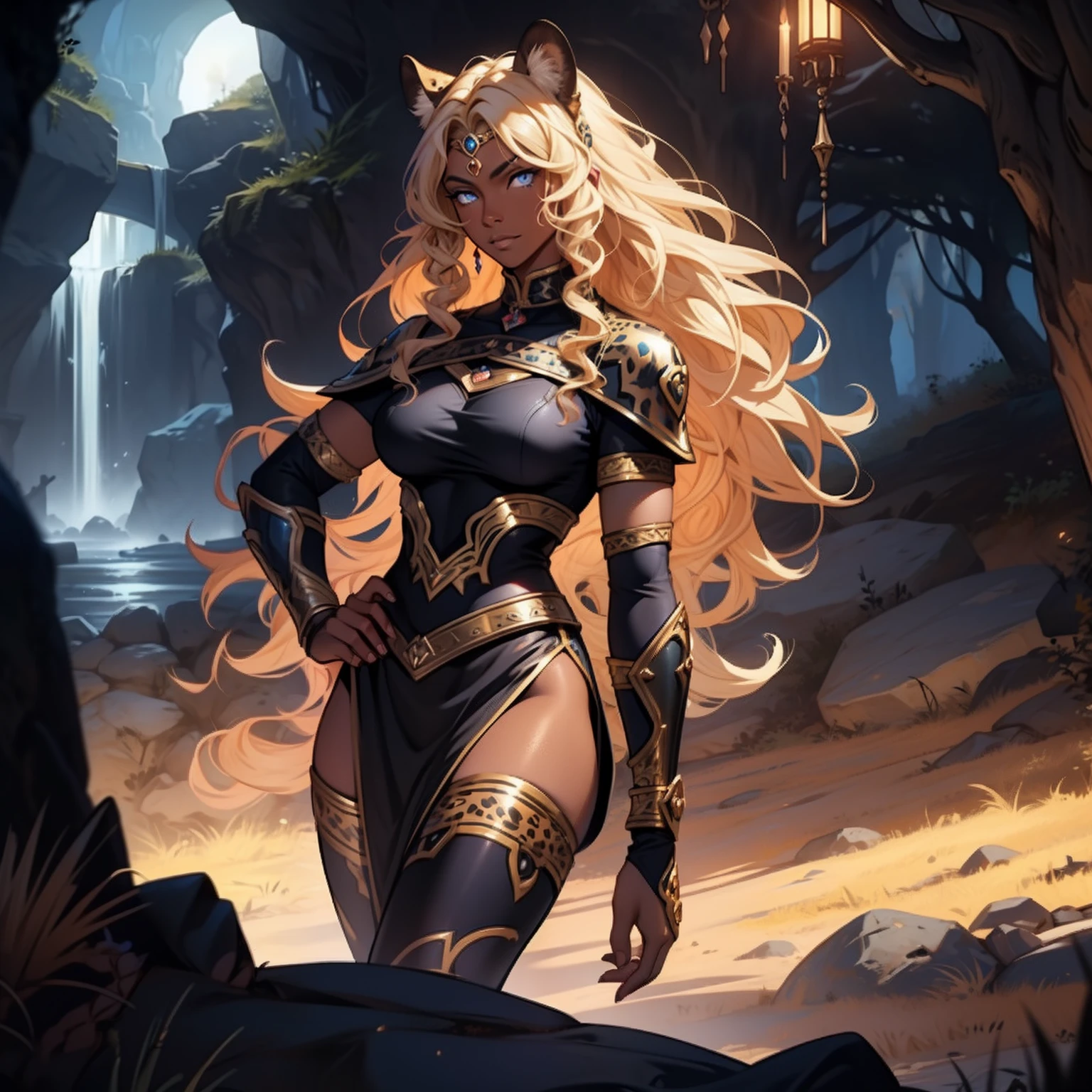 Dark Skin Woman. Leopard Woman. Blue eyes. Blond hair. Dark skin Woman. Medieval art. Curly Hair. Curly Blond Hair. Alone. DARK SKIN. Leopard Ears. Warrior Clothes. Cave at night background