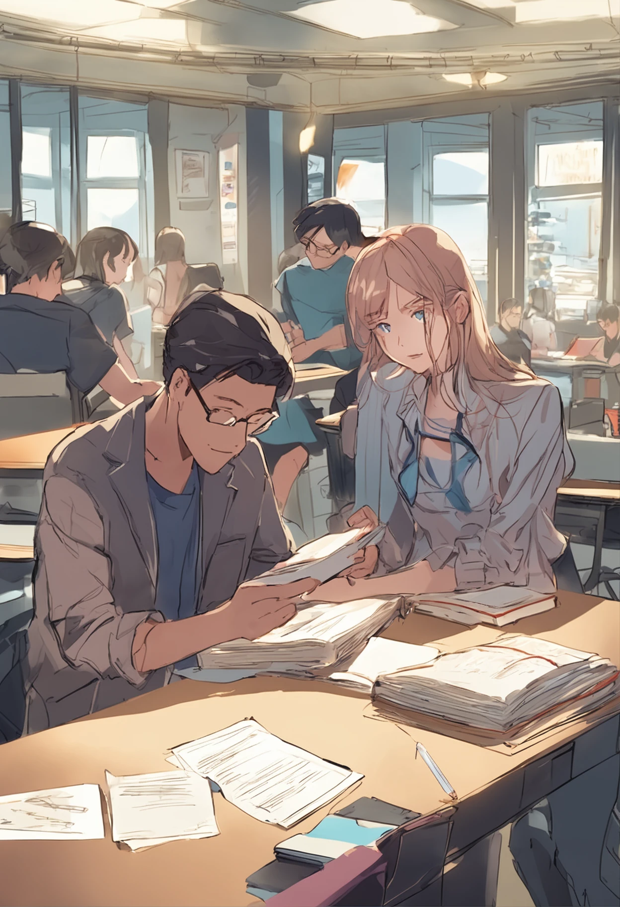 University Laboratories、Men and women sat facing each other at one table,Holding a book and a pen, studious, studying in a brightly lit room, Trying to study with just the two of us,Anime Touch、