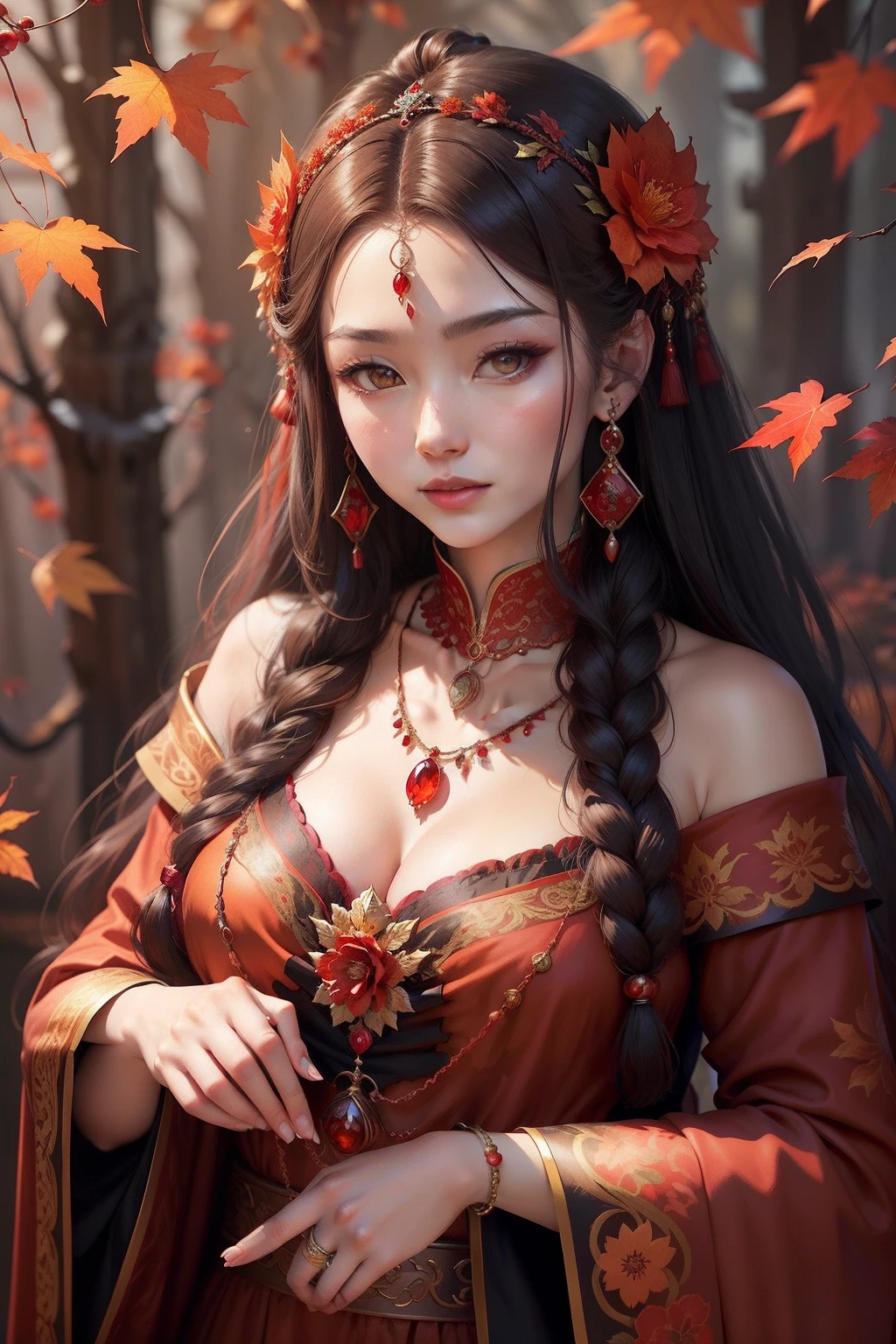 ,in a red dress、Necklaces and necklaces for antique Chinese women, autumnal empress, lovely dark autumn princess, goddess of autumn, beautiful autumn spirit, beautiful fantasy maiden, beautiful fantasy portrait, beautiful fantasy art portrait, the goddess of autumn harvest, a beautiful fantasy empress, The hair turns into autumn leaves, renaissance autumnal, ((a beautiful fantasy empress)),There is a necklace,It has flowers and leaves on it, Red jewelry, red adornments, orange and brown leaves for hair, necklace on display, autumnal empress, amber jewelry, renaissance autumnal, red adornments, details and vivid colors, made of flowers and berries, autumnal, jewelry photography, ornate jewelry, Autumn, beautiful autumn spirit, fall season, flower, necklace,