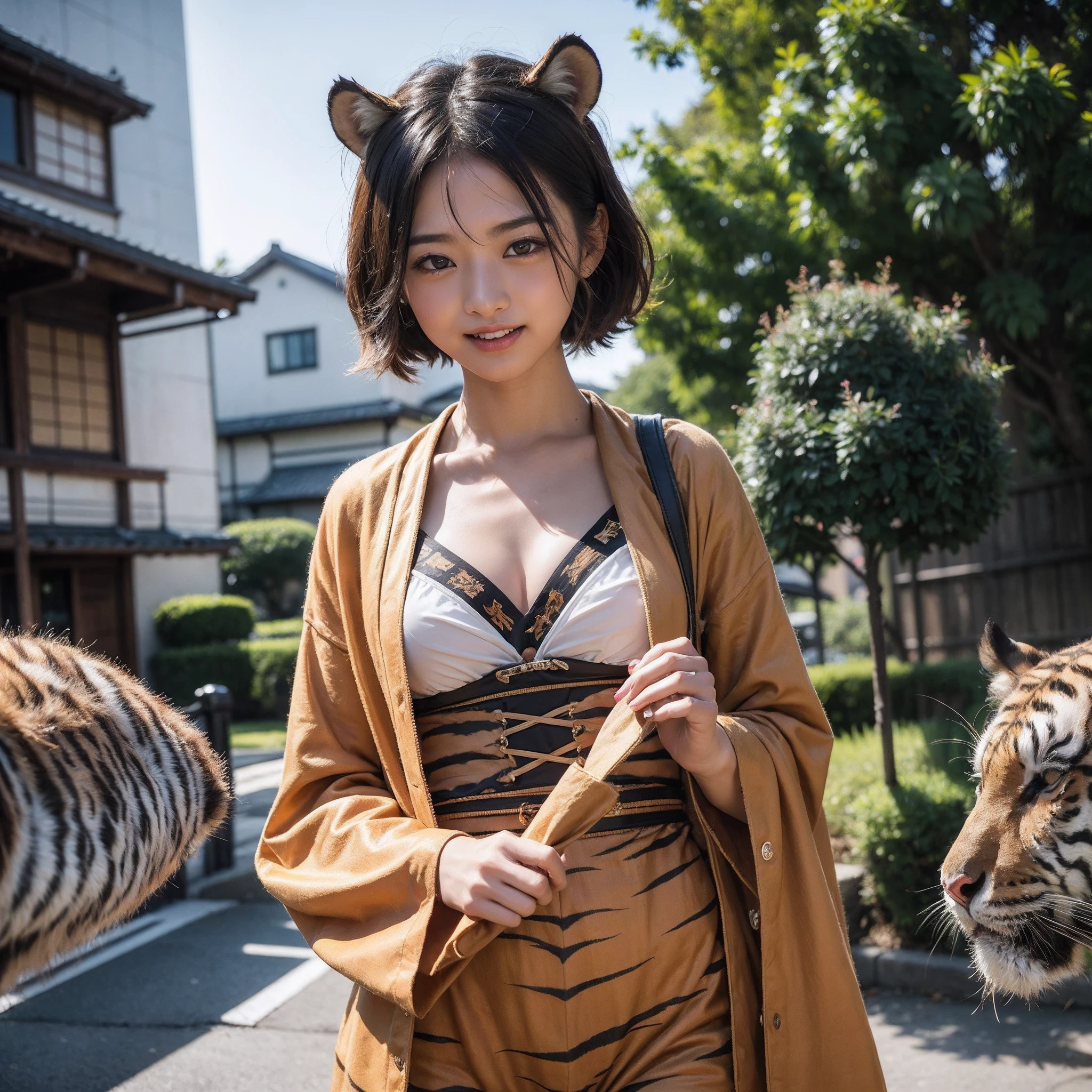 (8K、RAW Photos、top-quality、masterpiece:1.5)、(realisitic、Photorealsitic:1.5)、ultra-detailliert、超A high resolution、lighting like a movie、(((Idols who love tigers)))、(((Japan 16 year old girls)))、(((Wearing a cute costume with a tiger motif)))、(A lot of tigers:1.5)、cute smile face、Happy and energetic atmosphere、dynamic ungle、动态照明