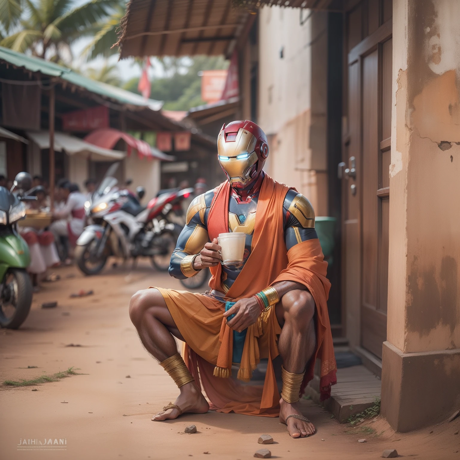 Ironman, wearing a kerala mundu(dhoti), drinking chai, from a chai shop in kerala