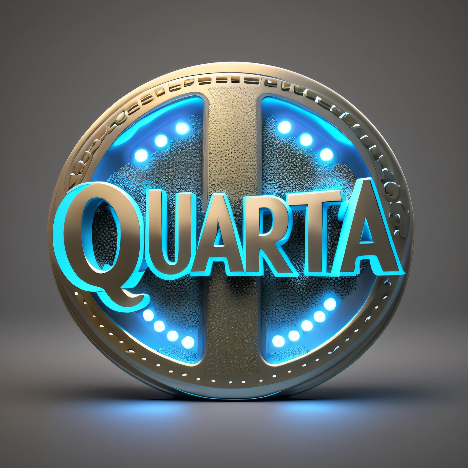 um close up de um sinal circular com a palavra quarta nele, quartzo, quaternary, hq muito detalhado, renderizado em cinema 4 d octane, renderizado em cinema 4 d, renderizado em cinema4d, vista trimestral, imagem de alta qualidade, Directed by: John La Gatta, Logotipo 3D, by Julio González, renderizado em corona