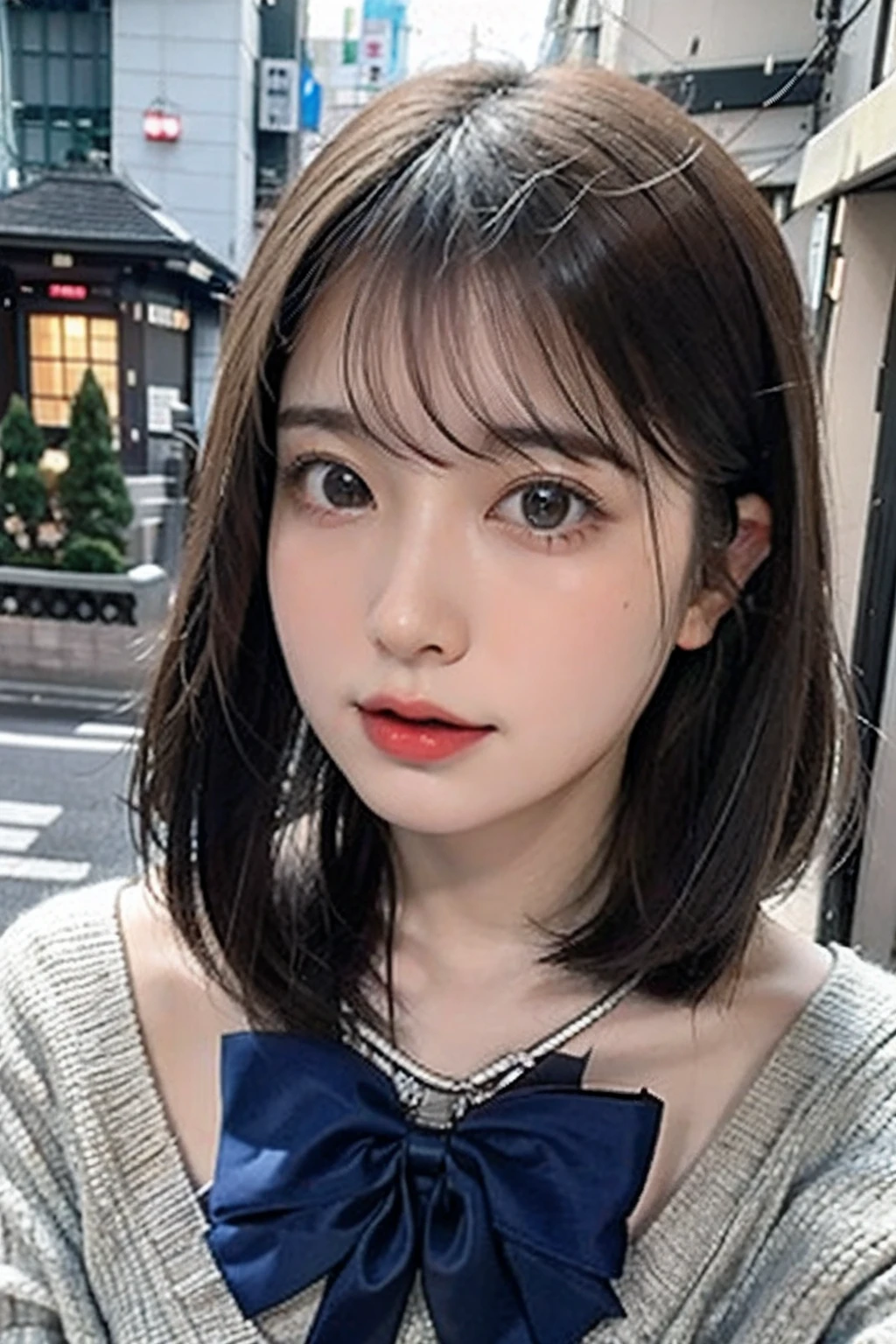 1girl in、Streets of Tokyo、Daytime、A city scape、city light、The upper part of the body、a closeup、8K、Raw photography、top-quality、masterpiece、realisitic、Photorealsitic、A slight smil