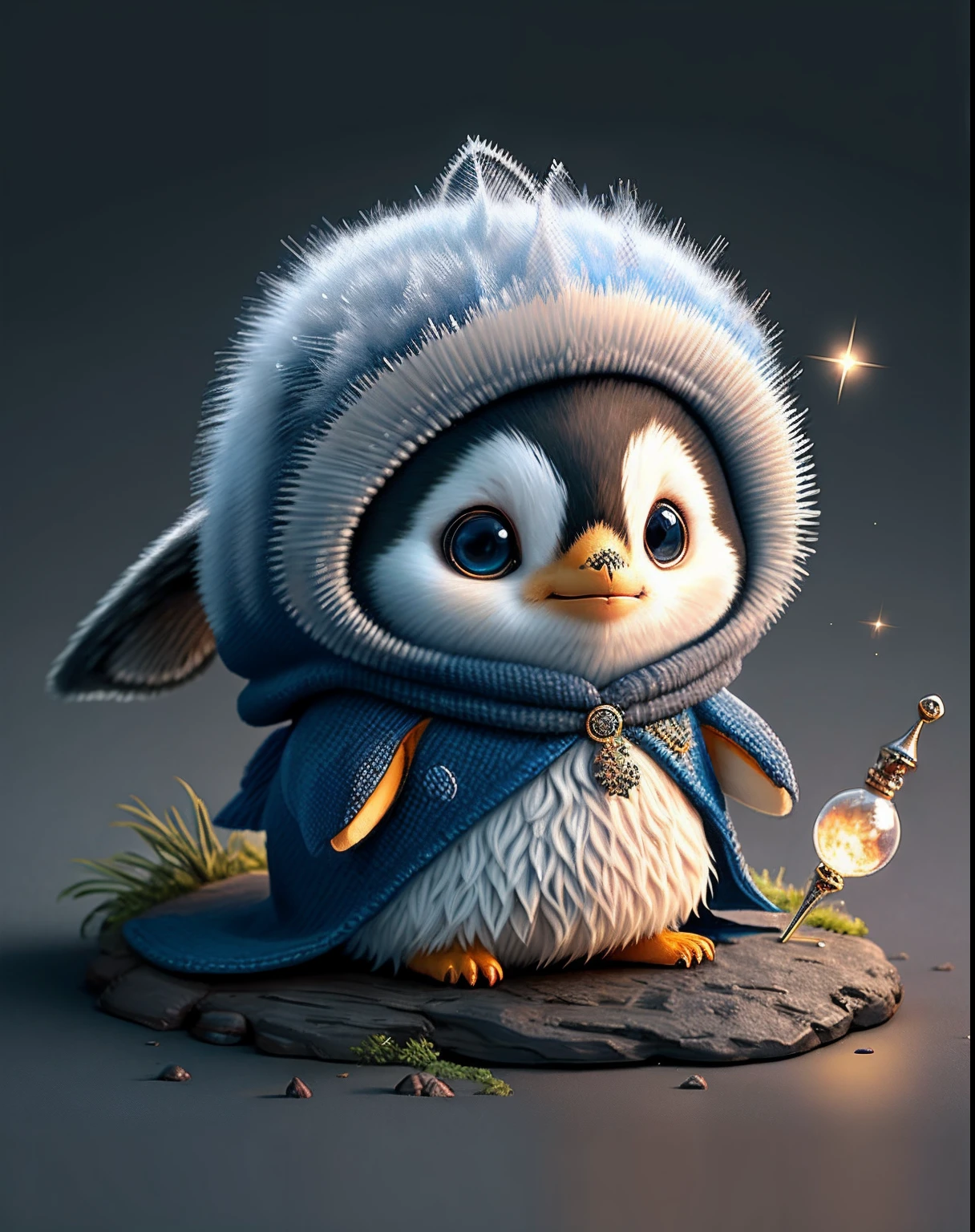 Top image quality、"Create cute creature masterpieces with inspired ultra-detailed concept art. Let your imagination come alive", （macaroni penguin）, high detailing, in 8K、Top image quality、Dressed up as a wizard in a game、Use the magic wand、Background Ice Magic、No kind of prevention