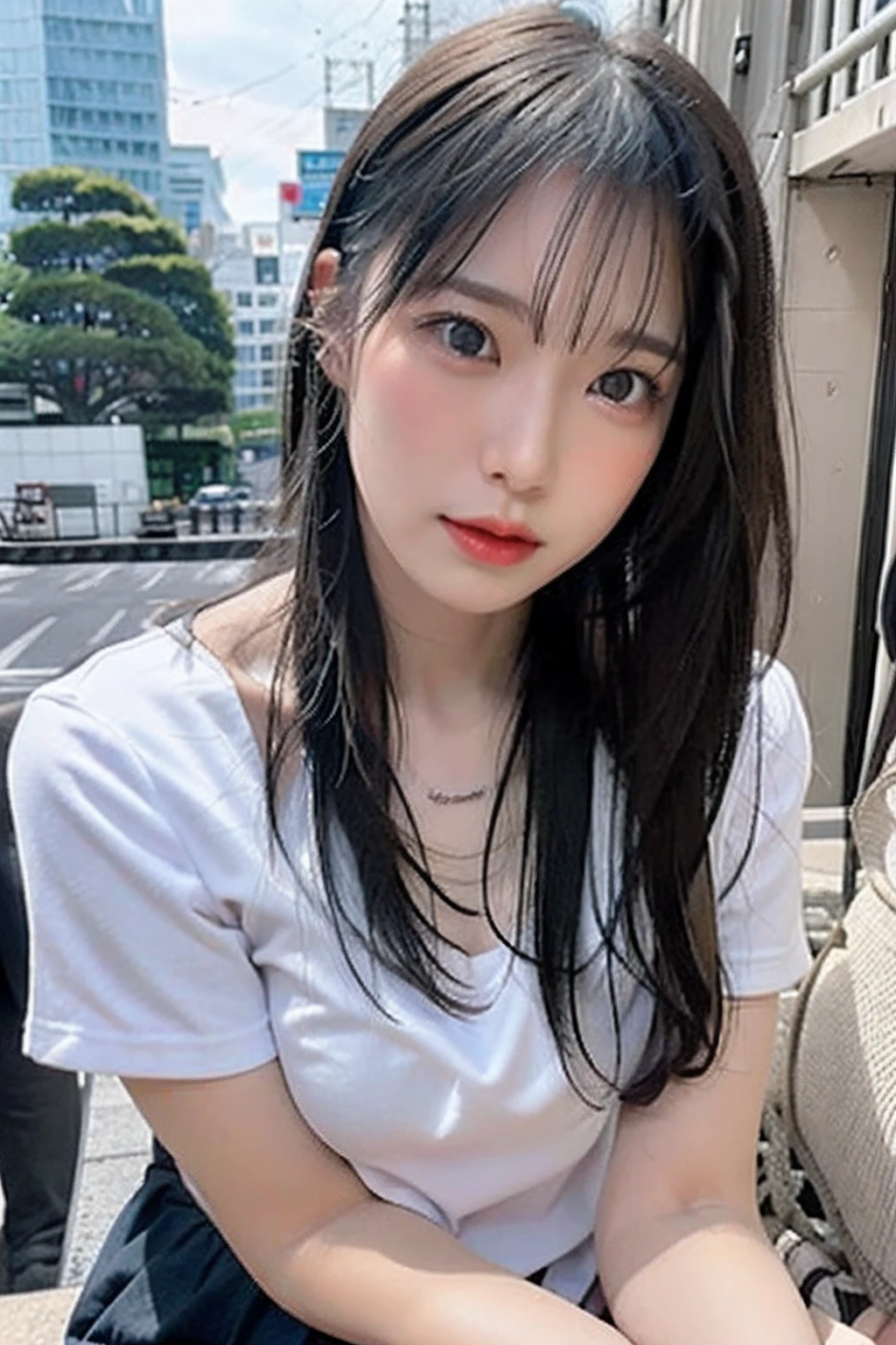 1girl in、Streets of Tokyo、Daytime、A city scape、city light、The upper part of the body、a closeup、8K、Raw photography、top-quality、masterpiece、realisitic、Photorealsitic、A slight smil