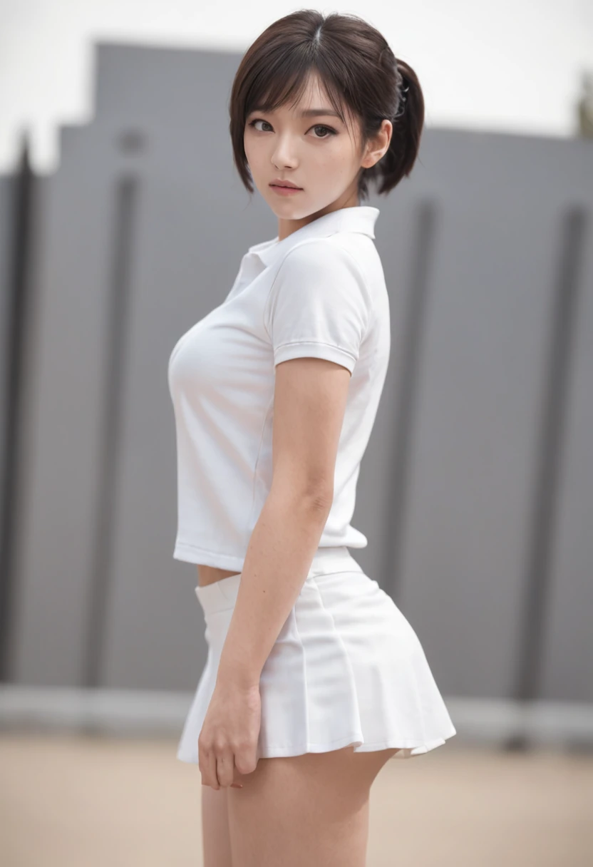 1girl, solo, white polo shirt, white sneakers, tennis wear, white mini skirt, masterpiece, best quality, realistic, ultra-detailed, (shiny skin, sweating: 1.4), ridiculous, looking at the audience, short black hair, brown eyes, slender, dynamic light and shadow, high resolution, sharp focus, depth of field, fine eyes, sharp pupils, realistic pupils, (big breasts: 3.0), (thigh thickness: 1.0), outdoor, sky