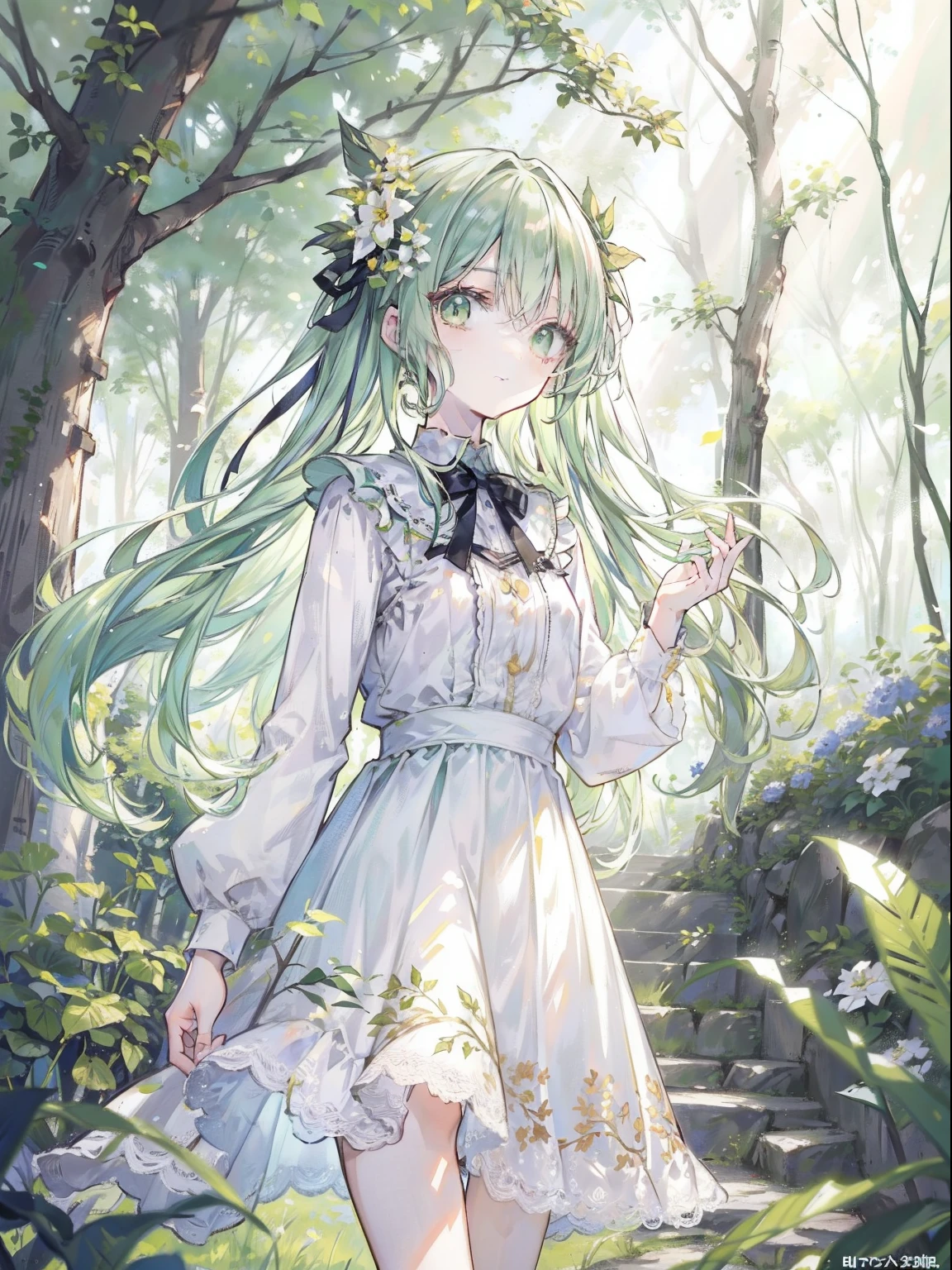 tmasterpiece,HighestQuali,1girll,Light green hair,Green eyes,a white long skirt,ln the forest,foliage,rays of sunshine