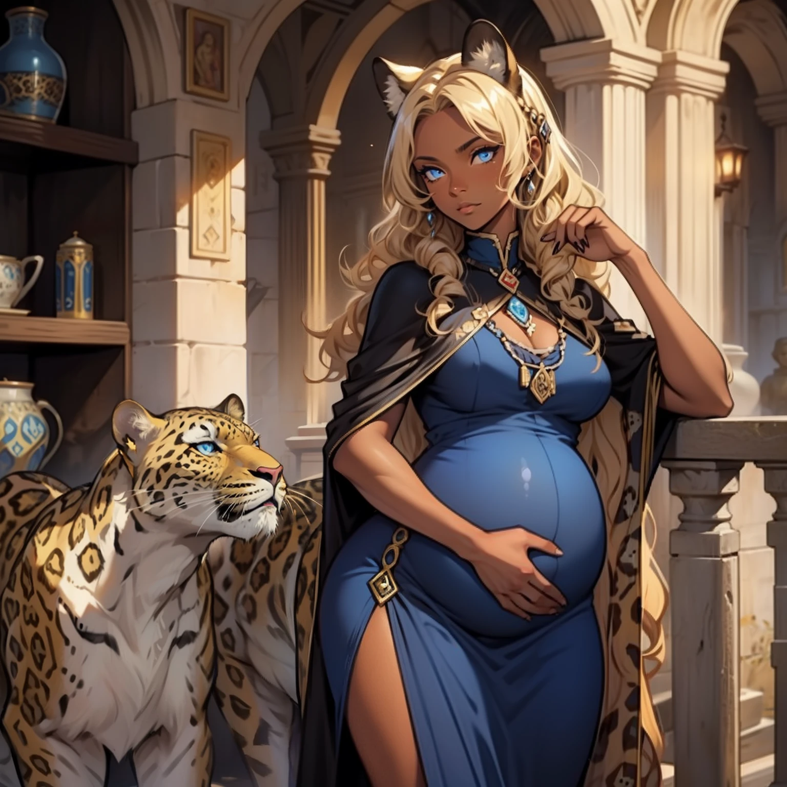 Dark Skin Woman. Leopard Woman. Blue eyes. Blond hair. Dark skin Woman. Medieval art. Curly Hair. Curly Blond Hair. Alone. DARK SKIN. Leopard Ears. Pregnant