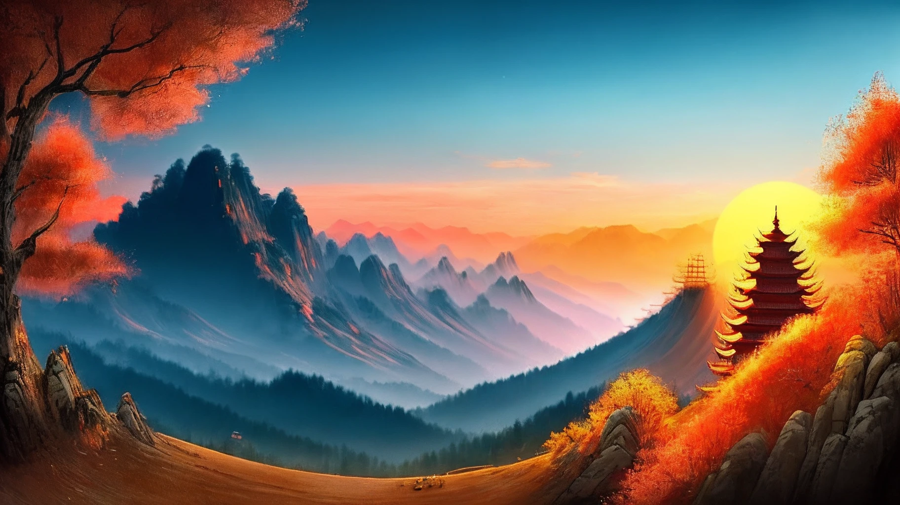 the setting sun,evening light,view from long distance,realisticlying,Photograph the scenery on the mountain,plethora of colors,Gorgeous and colorful,wide wide shot,Positive,natural style,HD landscape photos,Sunset view
Chinese style ink style