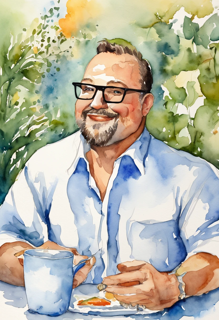 2D cartoon style, image with the characteristics Kevin James, with glasses and mustache, sitting at the table looking at the empty plate.