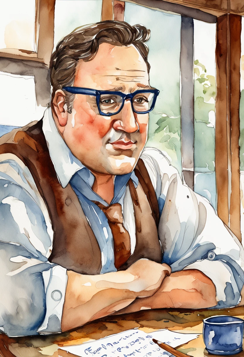 2D cartoon style, image with the characteristics Kevin James, with glasses and mustache, sitting at the table looking at the empty plate.