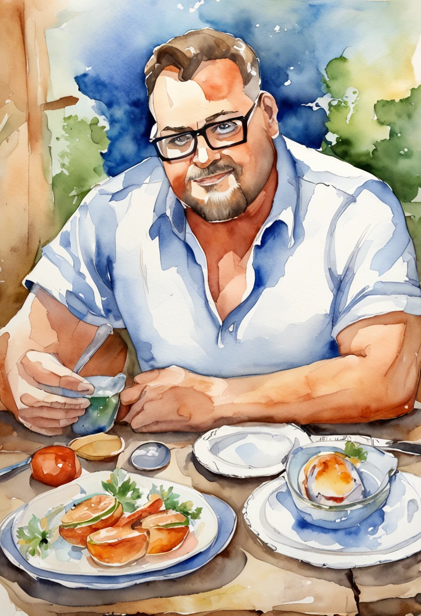 2D cartoon style, image with the characteristics Kevin James, with glasses and mustache, sitting at the table looking at the empty plate.