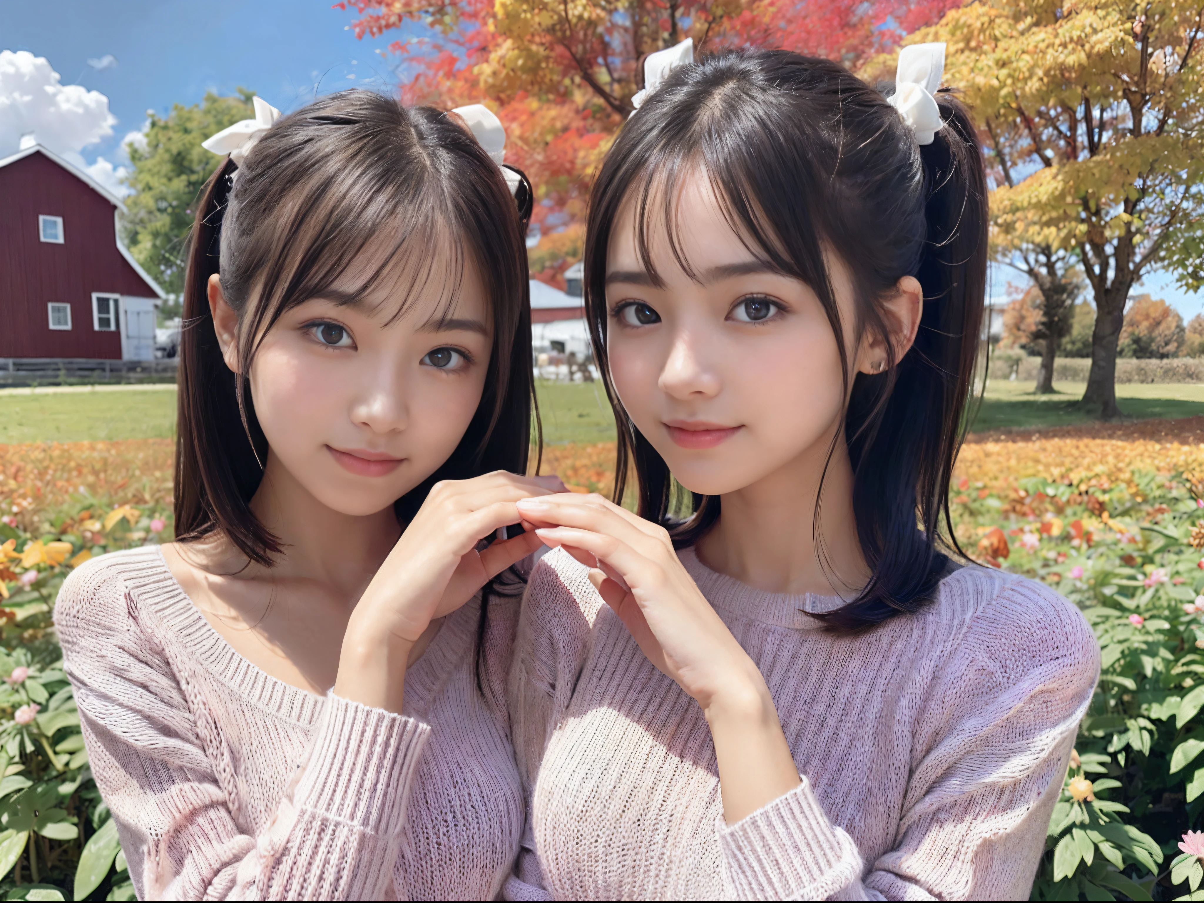 (Close up portrait of one girl with thin small breasts and twin-tailed hair in autumn sweater:1.5)、(Little girl with hair swaying in the wind:1.3)、(A farm with blue sky and pink and white cosmos in full bloom :1.3)、(Perfect Anatomy:1.3)、(complete hands:1.3)、(complete fingers:1.3)、Photorealsitic、Raw photography、masutepiece、top-quality、hight resolution、delicate and pretty、face perfect、Beautiful detailed eyes、Fair skin、Real Human Skin、pores、((thin legs))、(Dark hair)