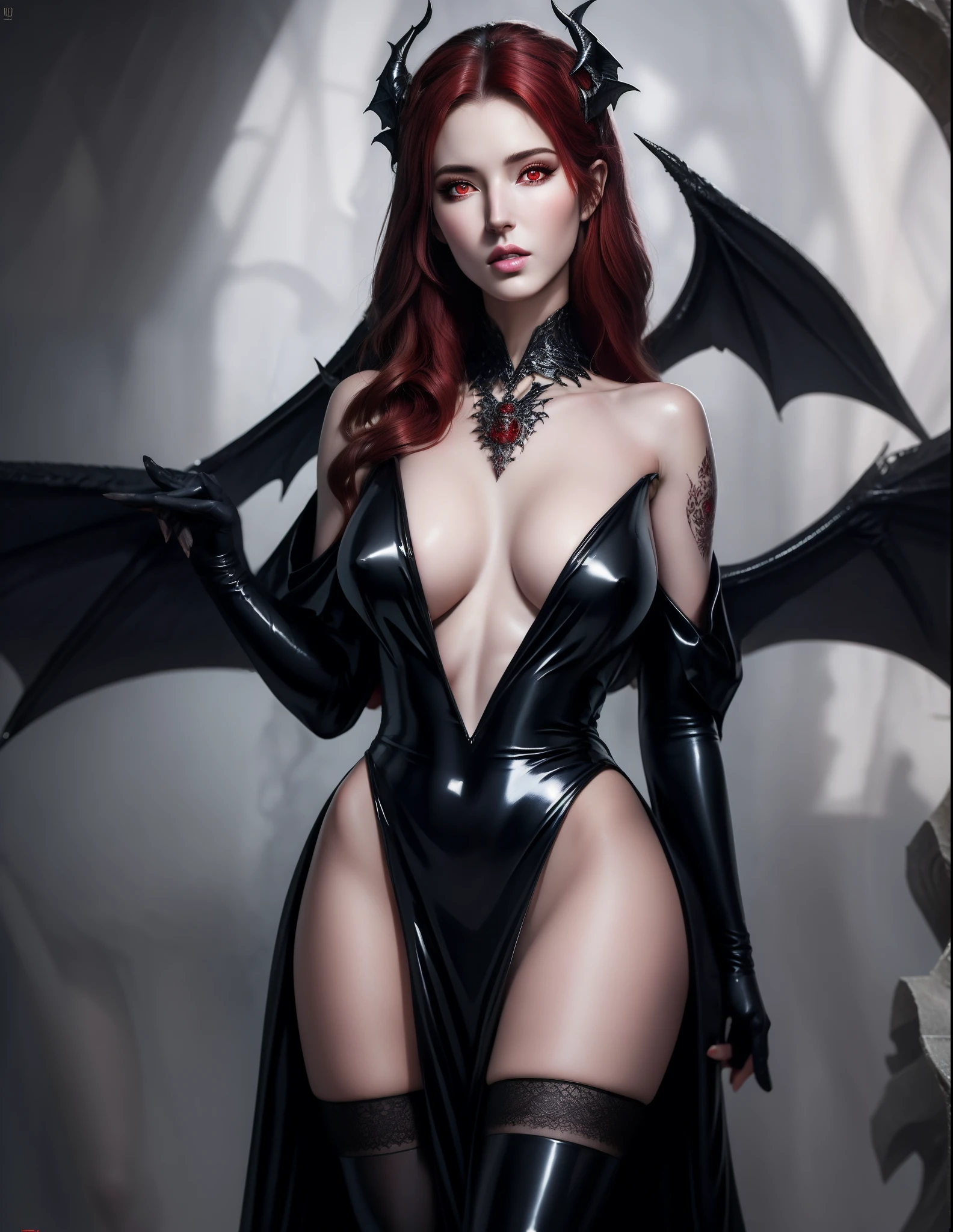(hyperrealistic:1.25), (illustration), (high resolution), (8K), (extremely detailed), (best illustration), (beautiful detailed eyes), (best quality), (ultra-detailed), (masterpiece), (wallpaper), (photorealistic), (detailed face), high detailed realistic skin texture, anatomically correct, solo, 1girl, (high detailed realistic hair), (red hair:1.3), (heterochromic eyes), (detailed red glowing eyes:1.25), (realistic big breasts:1.3), (cleavage), (exposed breasts), (bare shoulders), (long legs), (slender abs), (dynamic pose), (closed lips:1.3), (full body), nsfw, absurdres, highres, ultra detailed, eyeliner, sideboob, narrow waists, wide demon wings, devil horns, tattoo, detail background Darkness Empire Palace, FireMagicAI, intricate, Full moon,