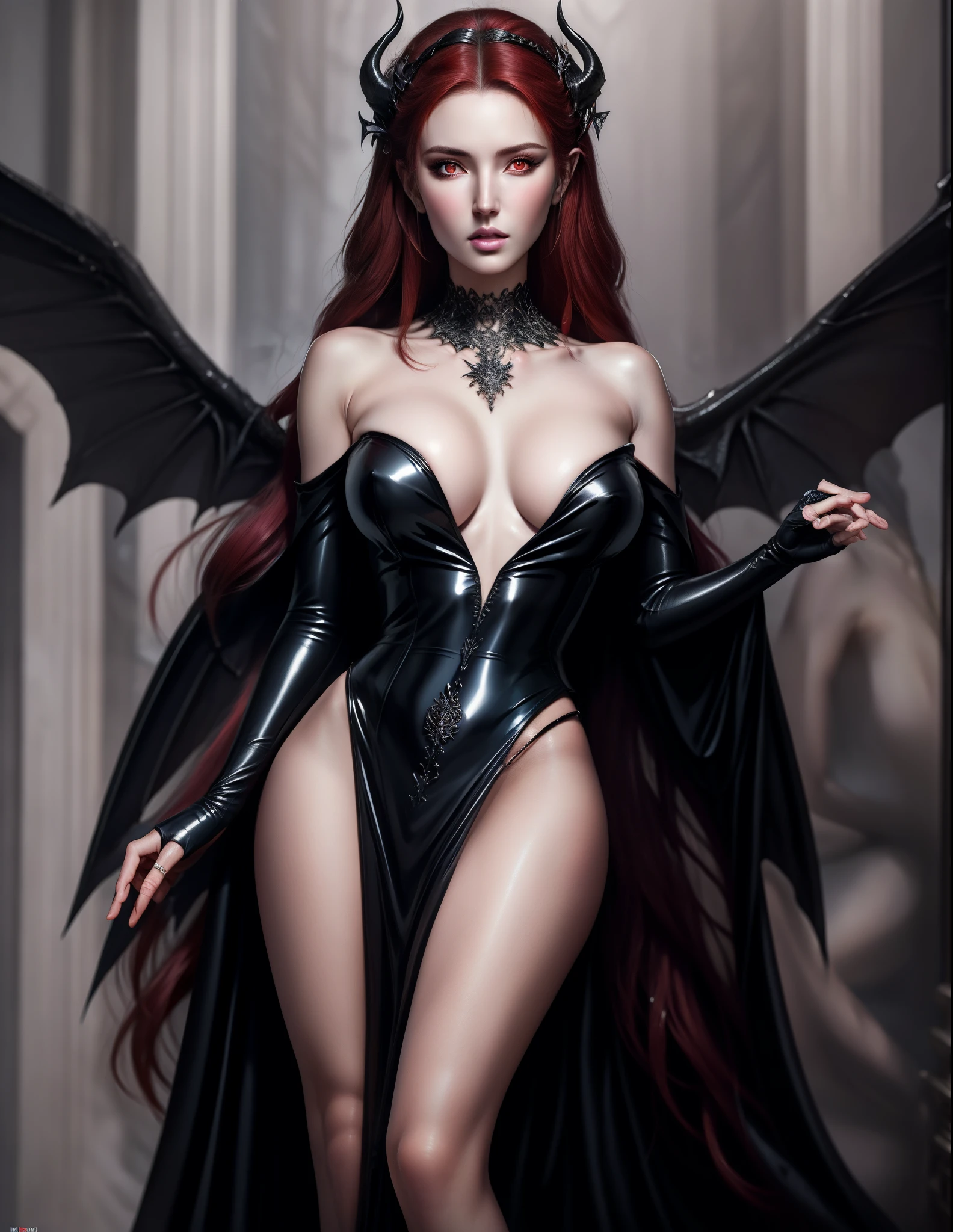 (hyperrealistic:1.25), (illustration), (high resolution), (8K), (extremely detailed), (best illustration), (beautiful detailed eyes), (best quality), (ultra-detailed), (masterpiece), (wallpaper), (photorealistic), (detailed face), high detailed realistic skin texture, anatomically correct, solo, 1girl, (high detailed realistic hair), (red hair:1.3), (heterochromic eyes), (detailed red glowing eyes:1.25), (realistic big breasts:1.3), (cleavage), (exposed breasts), (bare shoulders), (long legs), (slender abs), (dynamic pose), (closed lips:1.3), (full body), nsfw, absurdres, highres, ultra detailed, eyeliner, sideboob, narrow waists, wide demon wings, devil horns, tattoo, detail background Darkness Empire Palace, FireMagicAI, intricate, Full moon,