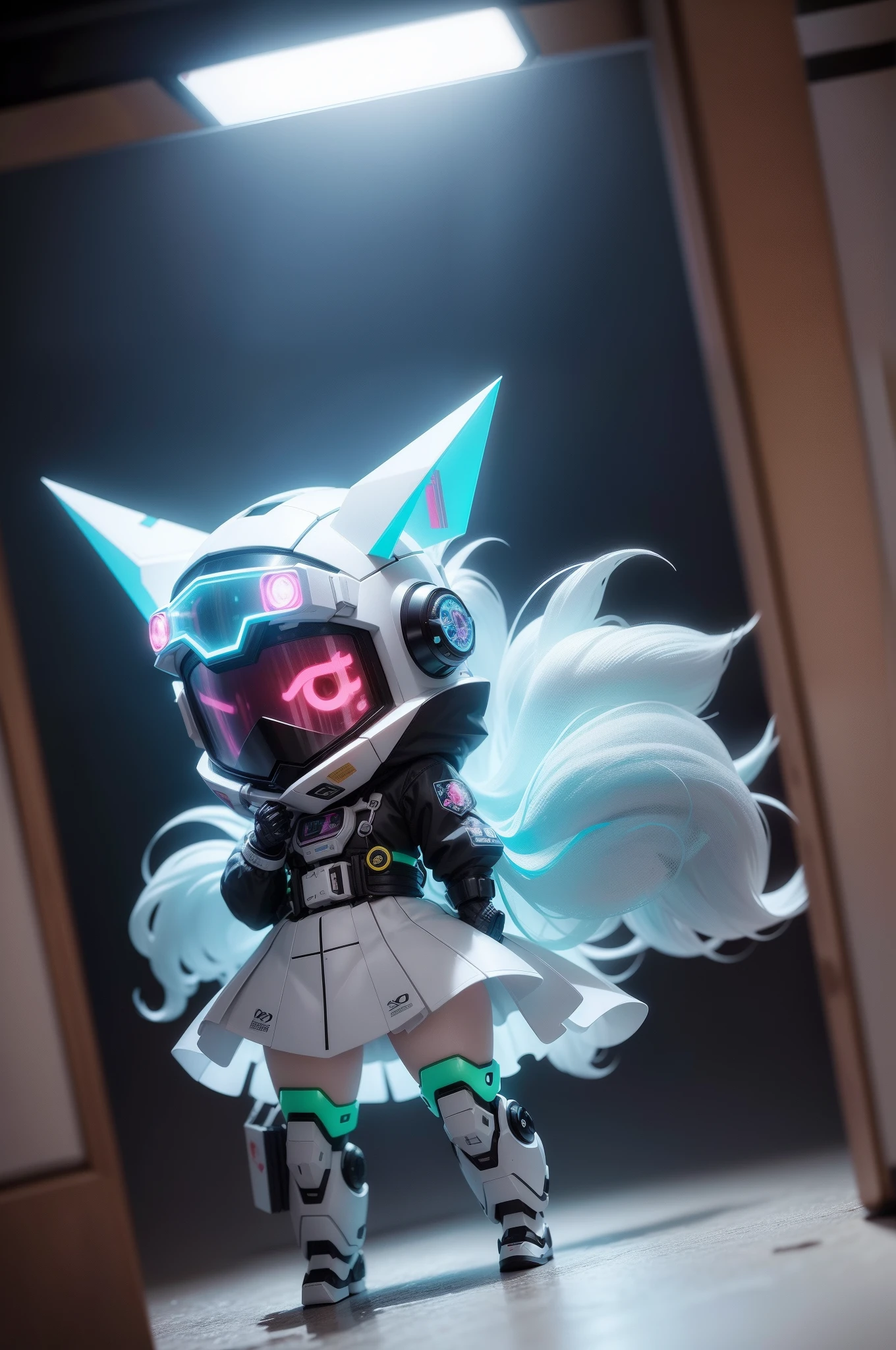 s girl、(blind box toy style:1.2), (Full body shot) , 1 Transparent Cute Girl,Behind him is a transparent and cute horse, Transparent Mecha, Exquisite helmet:1.2, Phosphorescent goggles:1.2, Cyberpunk, Dreamy glow, bright neon lights, clean, White background, ( Global Illumination, Ray traching, nffsw, Unreal Render,Reasonable design, high detal, masutepiece, Best Quality, hyper HD, Cinematic lighting)short-hair、beautiful countenance