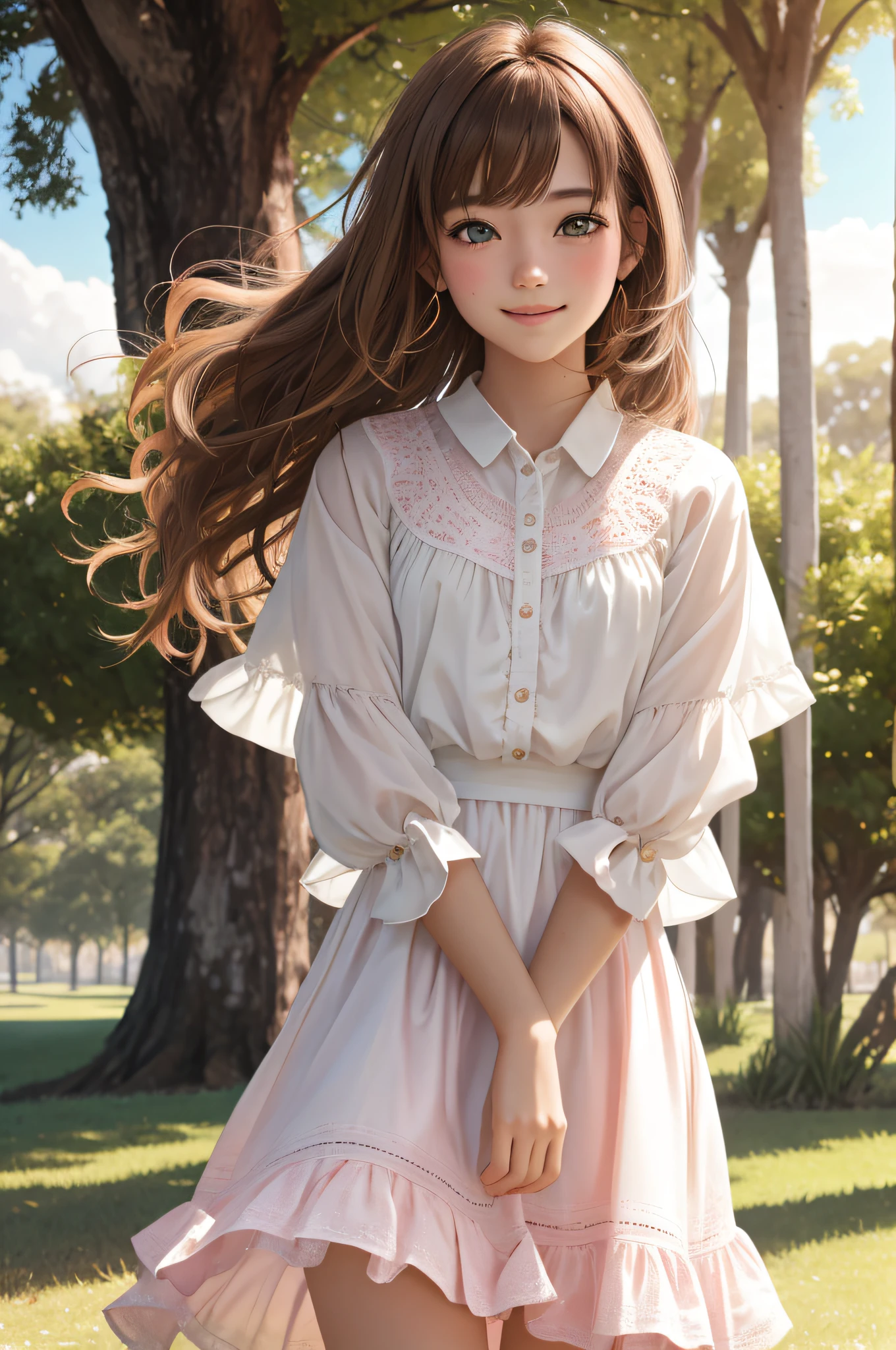 young girl in a park on a very windy day, {best quality}, {{masterpiece}}, {highres}, {{{full body shot}}}, extremely detailed girl, teenager, australian, {{{pale skin}}}, {{{detailed face}}}, {anime}, sharp focus, {{{character{1 girl}}}}, solo, {{{white tshirt, long pink tiered skirt}}}, beautiful detailed eyes, brown eyes, {{{{{sharp focus}}}}}, {medium hair, light-brown hair}, {{{detailed cloth texture}}}, {{{detailed skin texture}}}, {{{smooth lighting}}}, light smile, wind blowing,