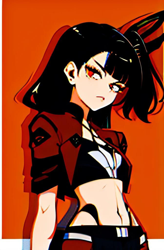 girl, fit, belly showing, fashionable clothes, orange and black theme, black hair, long hair,
