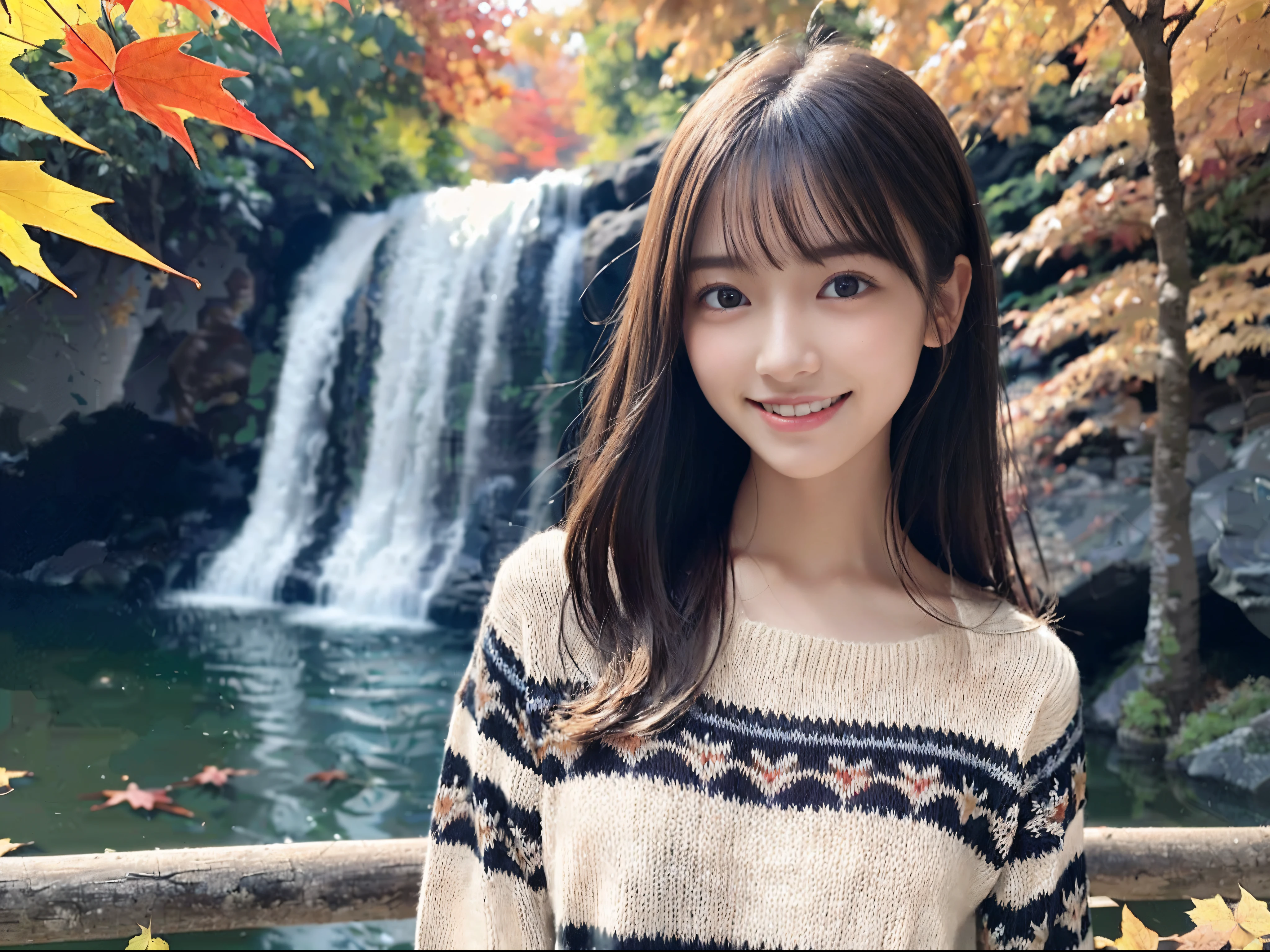 (Close up portrait of one girl with slender small breasts and very long hair in colorful autumn shirt and sweater:1.5)、(Smiling girl with hair fluttering in the wind stands on the edge of the screen:1.3)、(Waterfall and wonderfully beautiful autumn foliage background :1.3)、(Perfect Anatomy:1.3)、(complete hands:1.3)、(complete fingers:1.3)、Photorealsitic、Raw photography、masutepiece、top-quality、hight resolution、delicate and pretty、face perfect、Beautiful detailed eyes、Fair skin、Real Human Skin、pores、((thin legs))、(Dark hair)