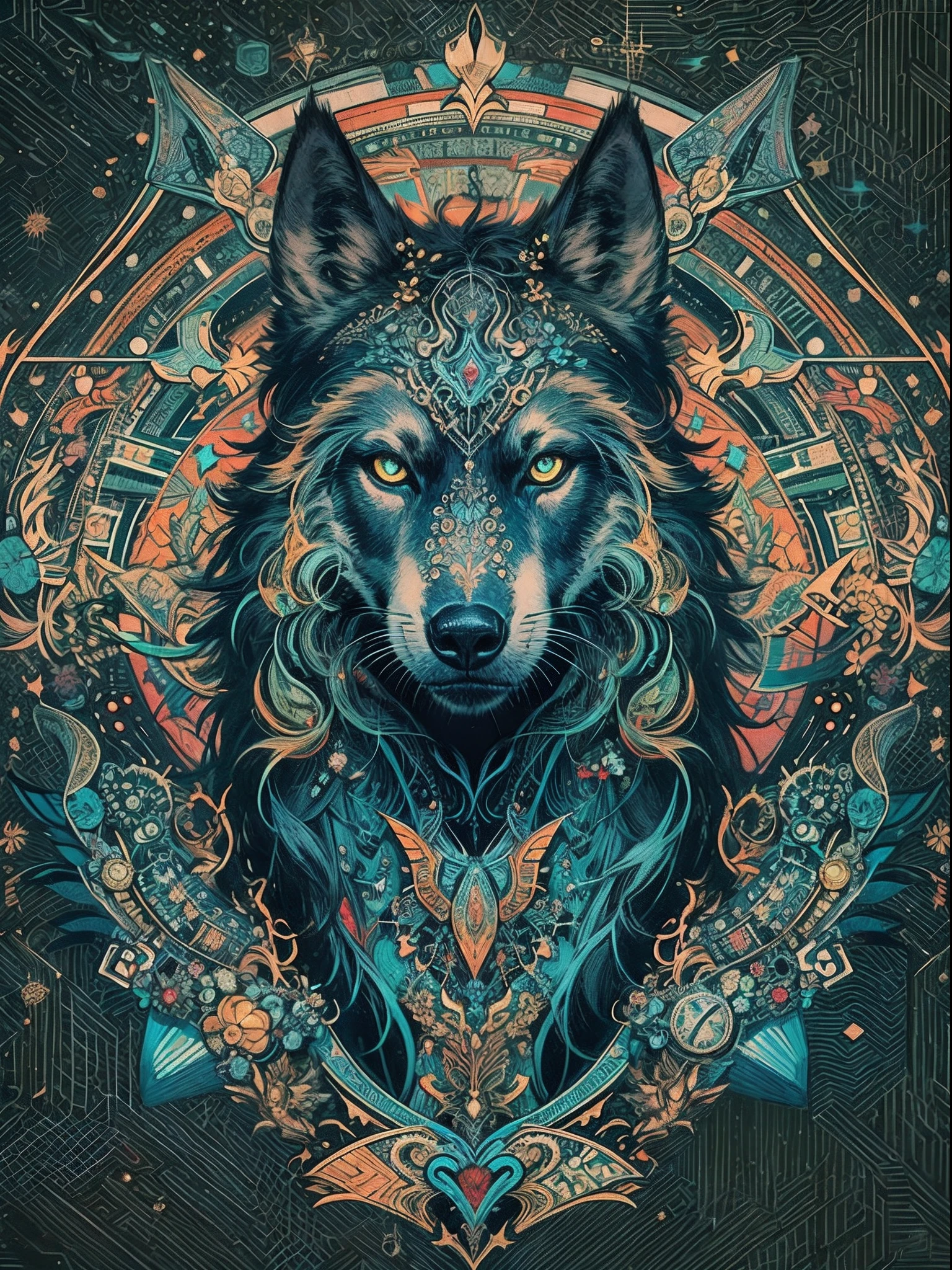 official arts, Unity 8k壁纸, Ultra-detailed, Beautiful and aesthetically pleasing, tmasterpiece, beste-Qualit, (zentangle, a Mandala, clew, meshing), (s fractal art: 1.3), 1 Black Wolf, Extremely detailed, dinamic angle, Cowboy shot, Most Beautiful Form of Chaos, elegant, a brutalist designed, bright colours, romanticism, The Shining of the Stars, Arctic Lights