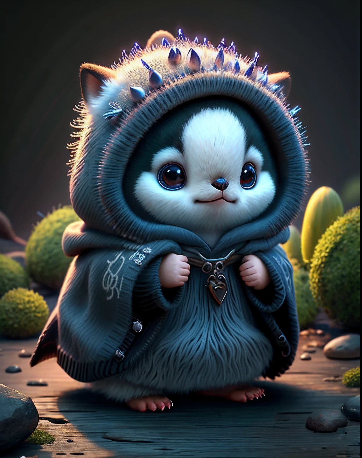 Top image quality、"Create cute creature masterpieces with inspired ultra-detailed concept art. Let your imagination come alive", (Adelie Penguins), high detailing, in 8K、Top image quality、Dressed as a priest in the game、Using a bogan、Cool pose、No prevention or hood crown