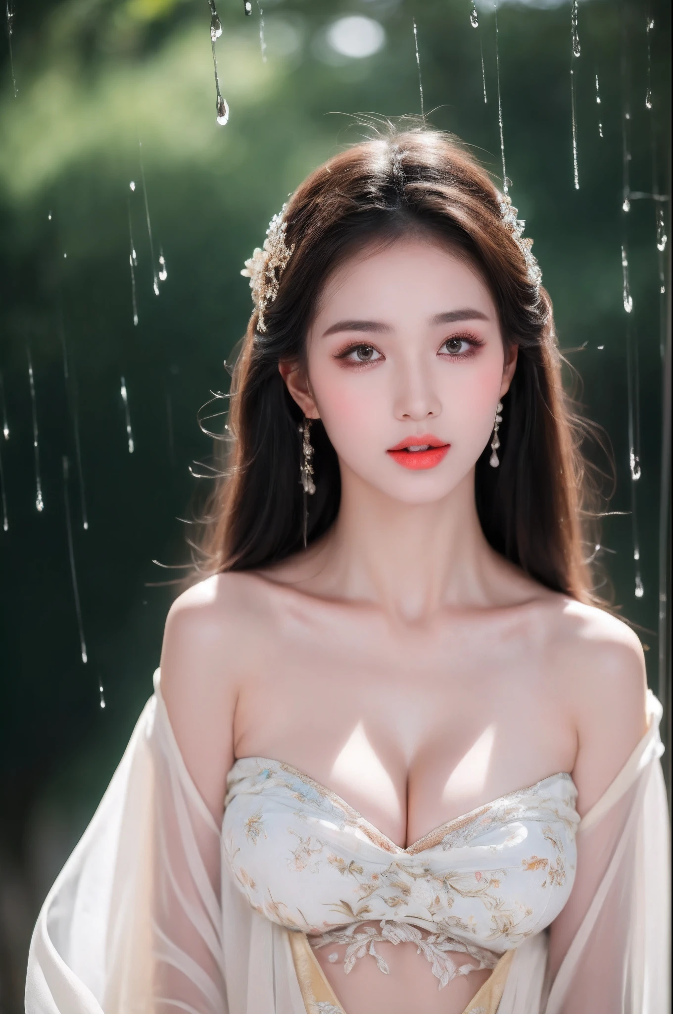 ((Best Quality, 8k, Masterpiece: 1.3)), Focus: 1.2, Perfect Body Beauty: 1.4, Buttocks: 1.2, ((Layered Haircut)), (Wet Clothes: 1.1), (Rain, Street:1.3), (Breasts: 1.2), (Hanfu: 1.2), Bare Shoulders, Bare Legs, Highly Detailed Face and Skin Texture, Fine Eyes, Double Eyelids, Whitened Skin, Long Hair, (Shut Up: 1.5), (Bokeh Background: 1.5), Big Breasts