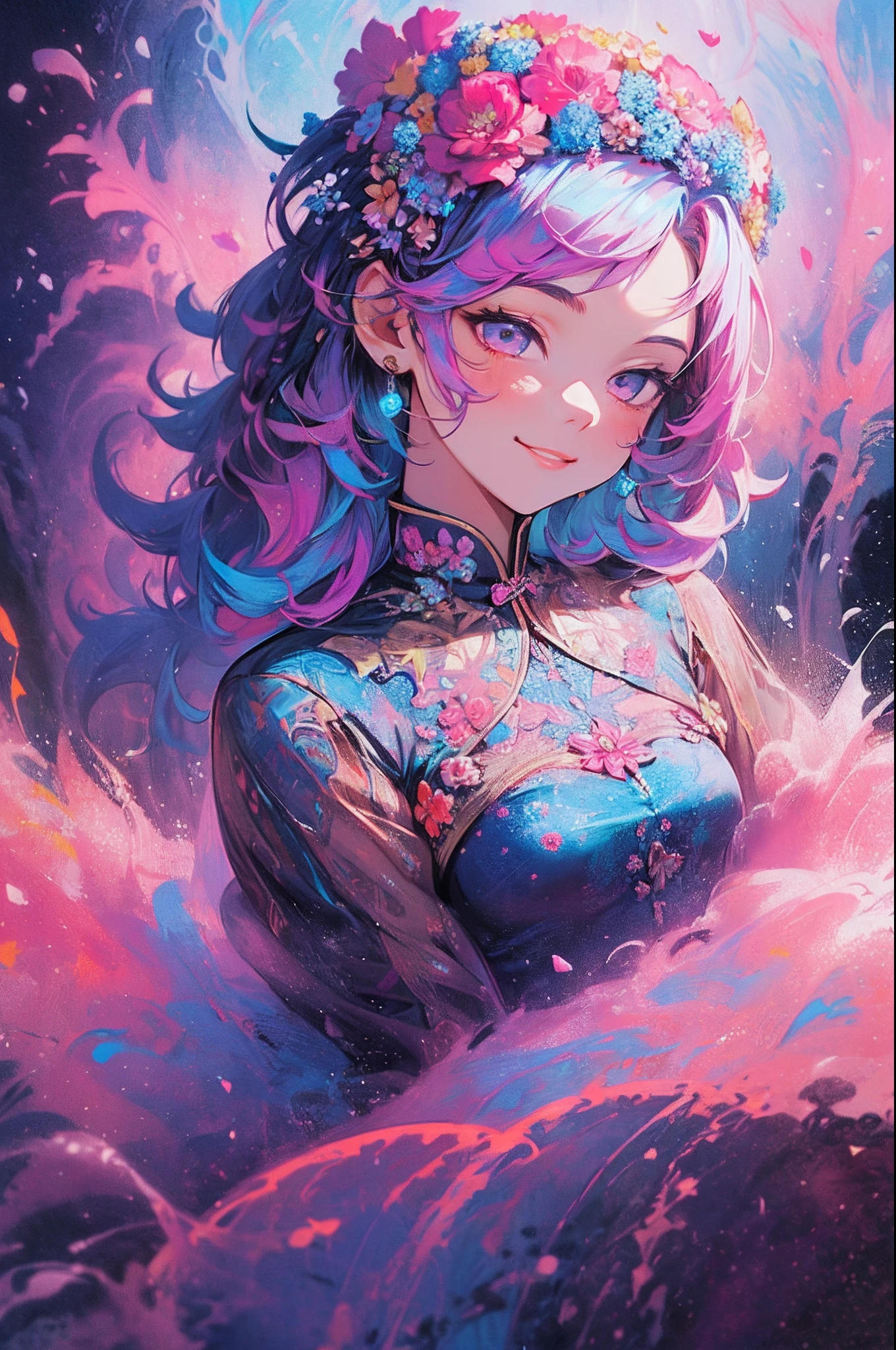 ((Flower dress),((flowercrown))，innocent smiles，(1 girl, Solo:1.6),(Cute smile),(Clothes are simple), (Best Impact:1.5), (maximalism:1.7), Vivid contrast, (Realistic), hyperrealistic illustrations, hight resolution, ultra-detailliert, absurderes,(Fractal Art:1.3)、Random hairstyle、Random hair color colorful、FULL BODYSHOT、Retro、Precise focus、randome pose、cinema4d、Drama
