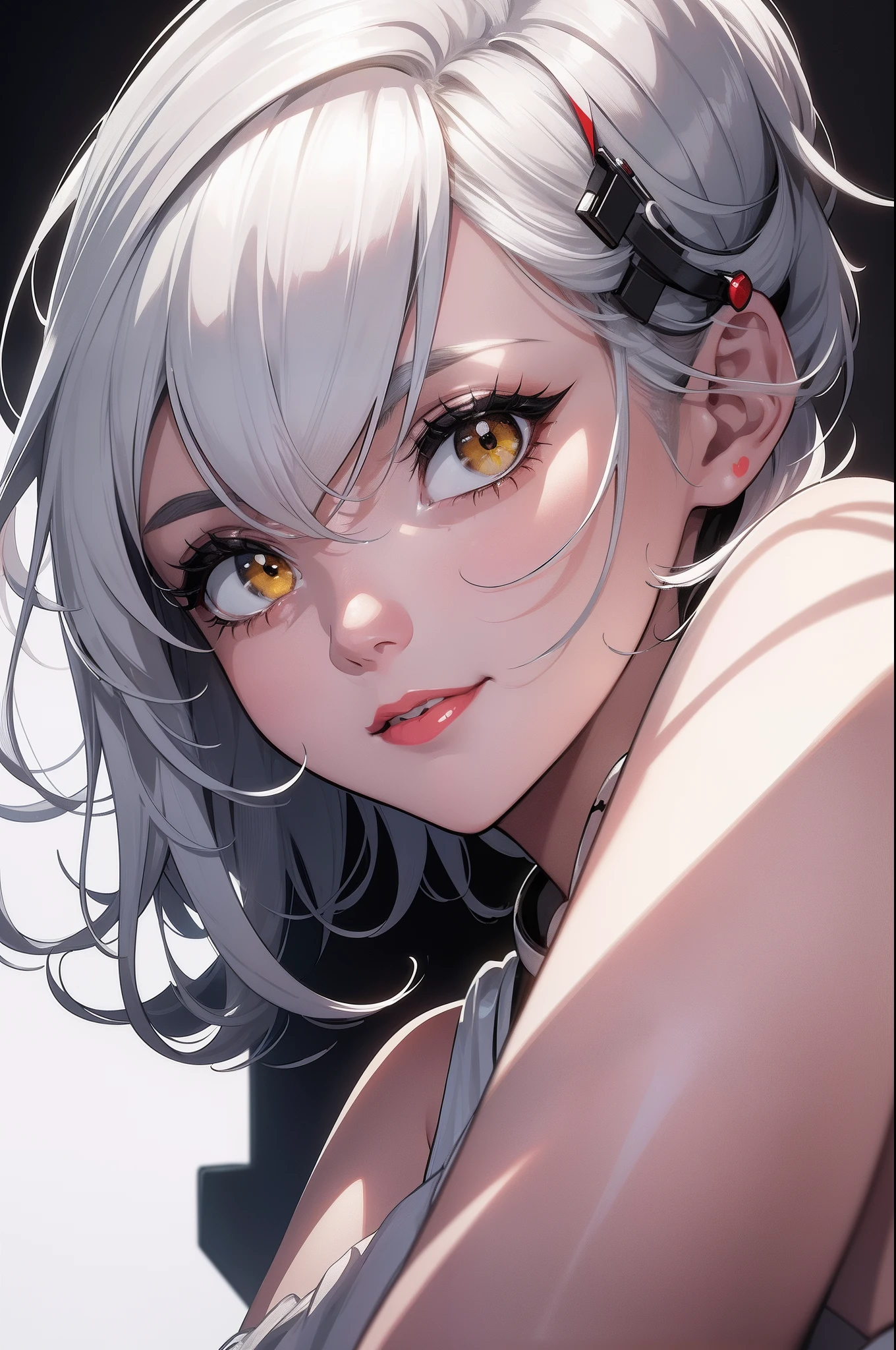 Best Quality, Masterpiece, Ultra High Resolution, (Film Grain: 1.4), Digital Photography, short white hair, ponytail, red eyes, Film Lighting, (Fuji Color: 1.2) Portrait,, 1 girl, solo, naked, nude, lying down on a bed, smiling, (face close-up), looking at the audience, ahegao,having sex, POV, sexual intercourse (realistic: 1.2) sex, sexy, erotic pose, sexy pose, sex position. (small breasts 1.6)