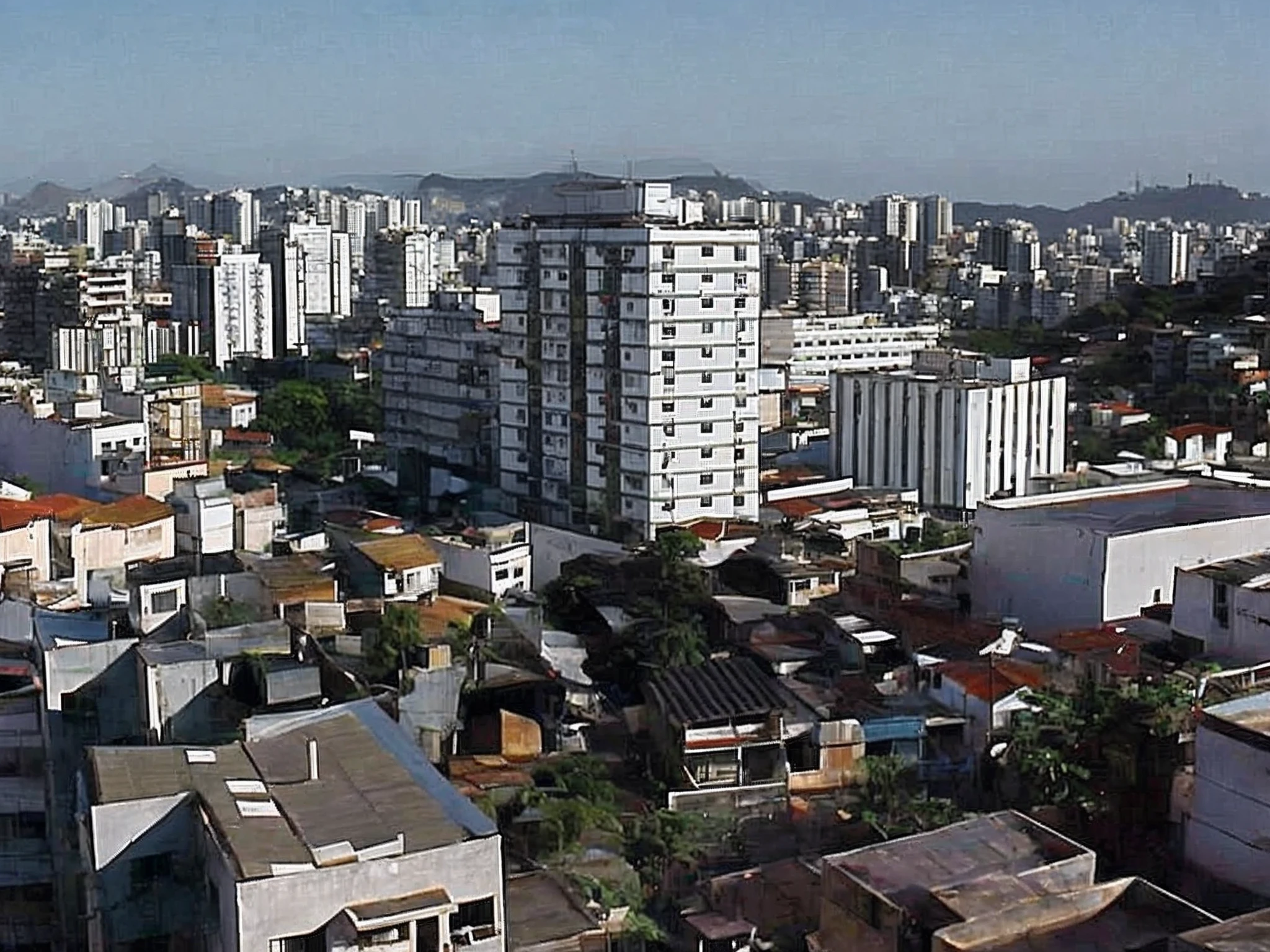 Araffe view of a city with a clock tower and some buildings, São Paulo, sao paulo, Panorama da cidade, Location ( favela ), favelas, In Sao Paulo, salvador, arredores da cidade, entire city in view, aerial view of a city, favela, rio de janeiro favela, Cityscape, Favelas no Rio, panorama