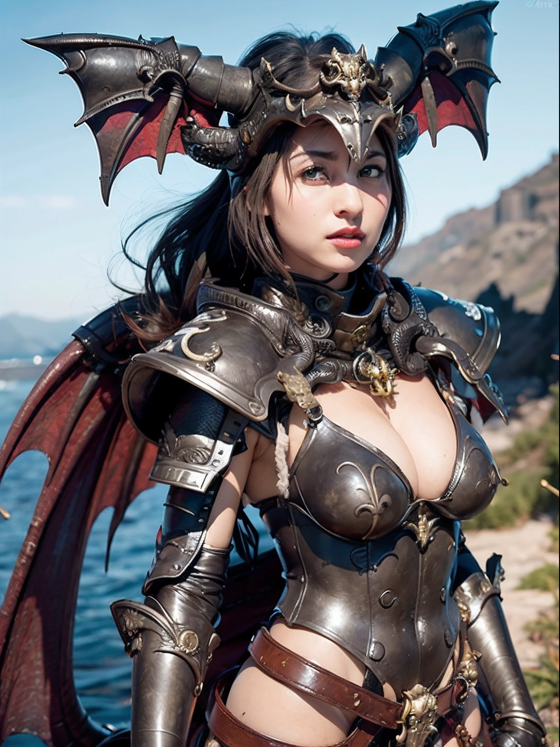 Professional , masterpiece、top-quality、photos realistic , depth of fields 、(Dragon Black Metal Body:1.9),(Mattretto、(cleavage of the breast)、Dragon Gold Weapon、(Micro Bikini Armor:1.4),Gorgeous gold weapons ,(( Dragon's dense and gorgeous sword)) , (demonic wings)、((a blond))、(Castle background)、((Gangle's forest background))、Take different poses、Beautiful Caucasian beauty、1a person、dynamic ungle,(((Detailed and ornate dragon helmet)))、Smaller head、A smile、Castle background、Thin and beautiful female hands、cleavage of the breast、Soldier in iron armor on background、Mystical expression、Light Effects、intense fighting、Wind-effect、magic circles、With the legendary magic wand、Dragon's tail、explosions、