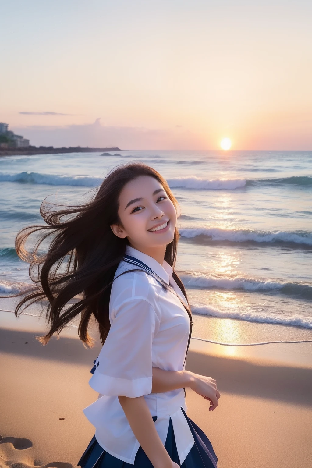 (top-quality、8K、32K、​masterpiece）Beautuful Women、Smiling、in school uniform、Sunset,sea side、Hair fluttering in the wind、Walking along the sandy beach