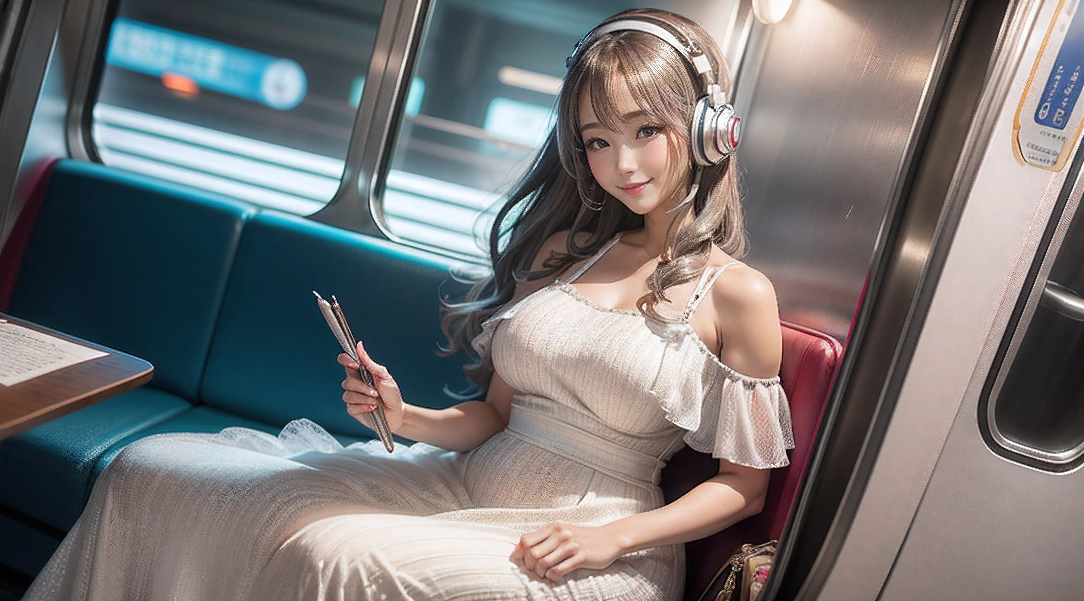 There is a woman sitting on a train with a bag and headphones, hot petite, candid shot, けもの, (realisitic), Korean Girl, Big Breast, Highly detailed colorful details, Shallow depth of field, Her eyes are shining silver, A smile appears on her silvery lips, The swaying waves create a beautiful scene, The art depicts a charming woman dressed in a flowing, Her dress drapes elegantly over her curvy figure, She stood gracefully in the quiet moonlit night, The scene exudes an ethereal and dreamy atmosphere, The graphic style blends watercolor and digital illustration techniques to evoke a refined beauty and charm, casting soft highlights and shadows on her charming features,