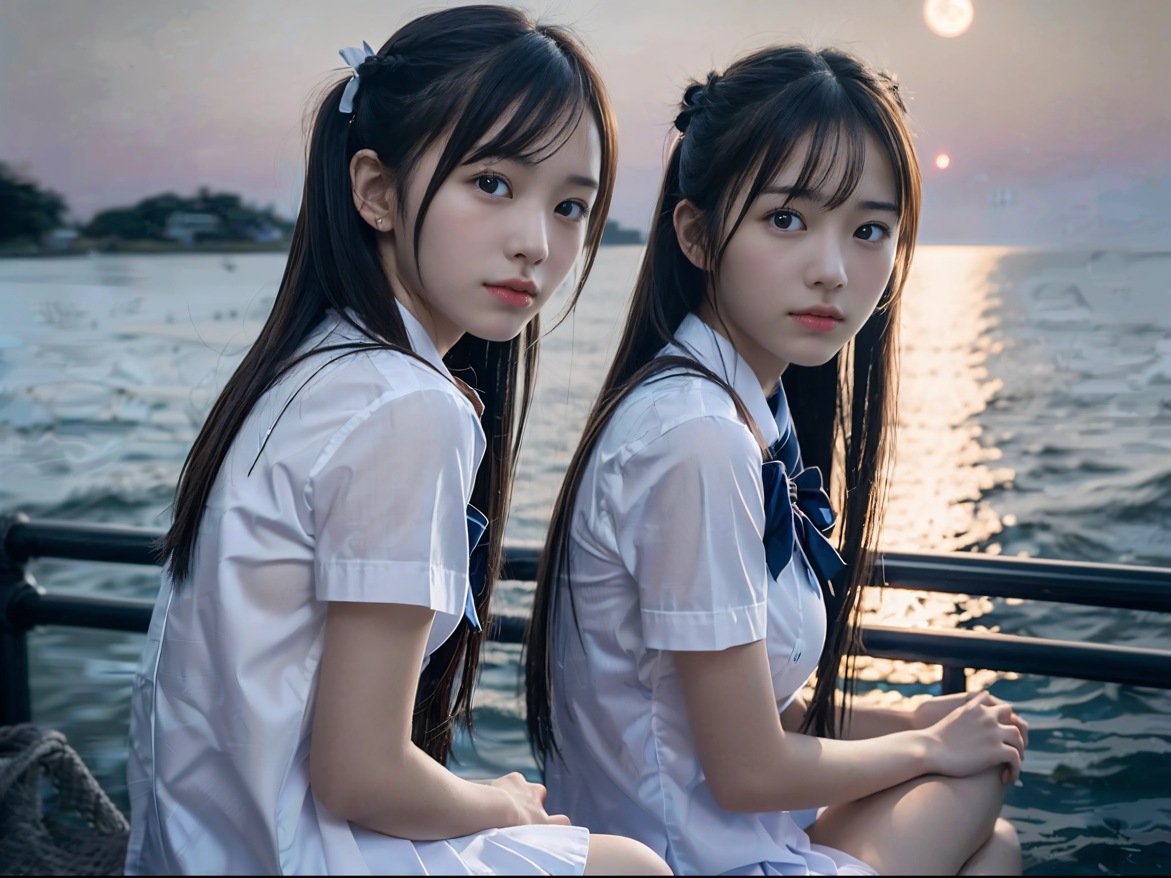 (Close up portrait of one naked girl with slender small breasts with twin-tailed hair in school uniform:1.5)、(One girl looking at camera from behind at the edge of screen:1.3)、(A large full moon reflected in the sea at night :1.3)、(Perfect Anatomy:1.3)、(complete hands:1.3)、(complete fingers:1.3)、Photorealsitic、Raw photography、masutepiece、top-quality、hight resolution、delicate and pretty、face perfect、Beautiful detailed eyes、Fair skin、Real Human Skin、pores、((thin legs))、(Dark hair)