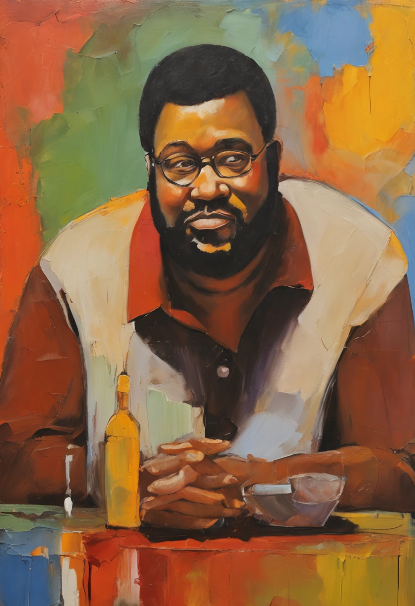 Hyperrealistic cinematic image of a man in a hat holding a drink, mario robinson. oil on the canvas, Directed by: Charles Alston, pintura de um homem, Barry Qindsor-Smith, um retrato do personagem, Directed by: Clifford Ellis, Retrato grande, portrait of pele, alm nick, Arte de Pedro Bell, por John Alexander, Retrato de Mario, inspirado em Thomas Blackshear, malandro, umbanda, Joe Pilintra