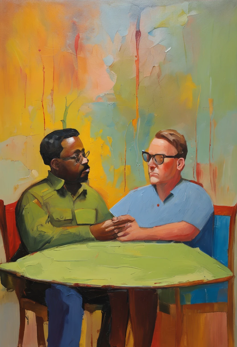 2D cartoon style, image with the characteristics Kevin James, with glasses and mustache, sitting at the table looking at the empty plate.