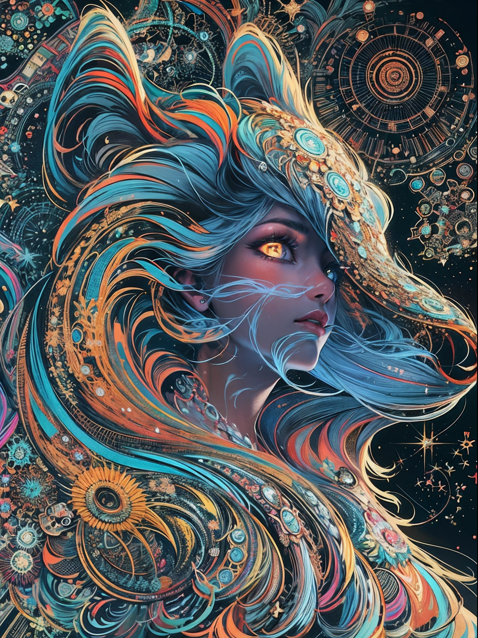 official arts, Unity 8k壁纸, Ultra-detailed, Beautiful and aesthetically pleasing, tmasterpiece, beste-Qualit, (zentangle, a Mandala, clew, meshing), (s fractal art: 1.3), 1 Black Wolf, Extremely detailed, dinamic angle, Cowboy shot, Most Beautiful Form of Chaos, elegant, a brutalist designed, bright colours, romanticism, The Shining of the Stars, Arctic Lights