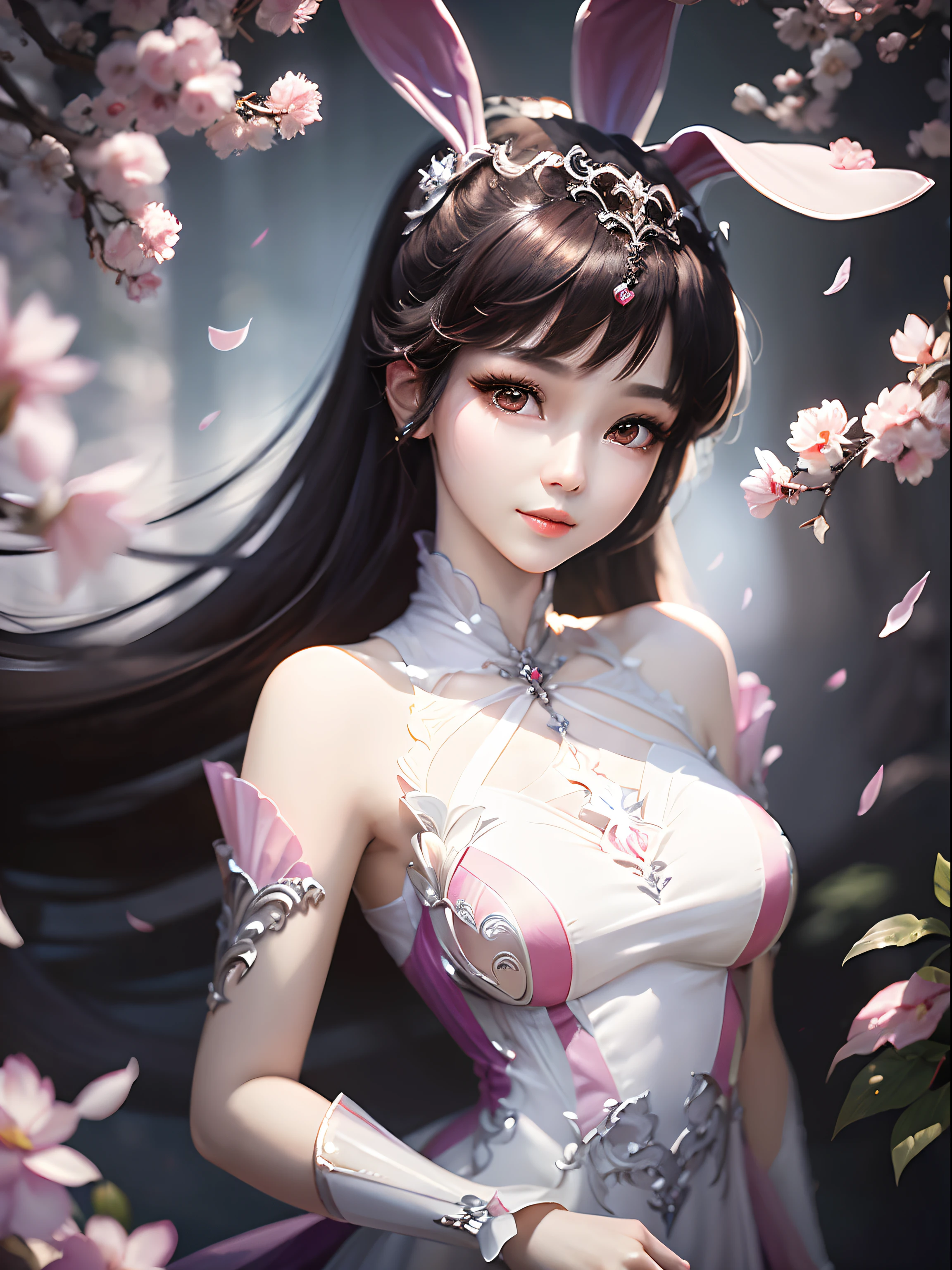 (coefficient 1.2) (fresh and elegant painting style + clear and delicate picture quality), the beautiful girl is ite, brown eyes shine with charming light, wearing rabbit ears, wearing a pink chiffon dress, elegant and aesthetic temperament exudes youthful vitality, soft and warm. The facial features are delicate and the beauty is outstanding.