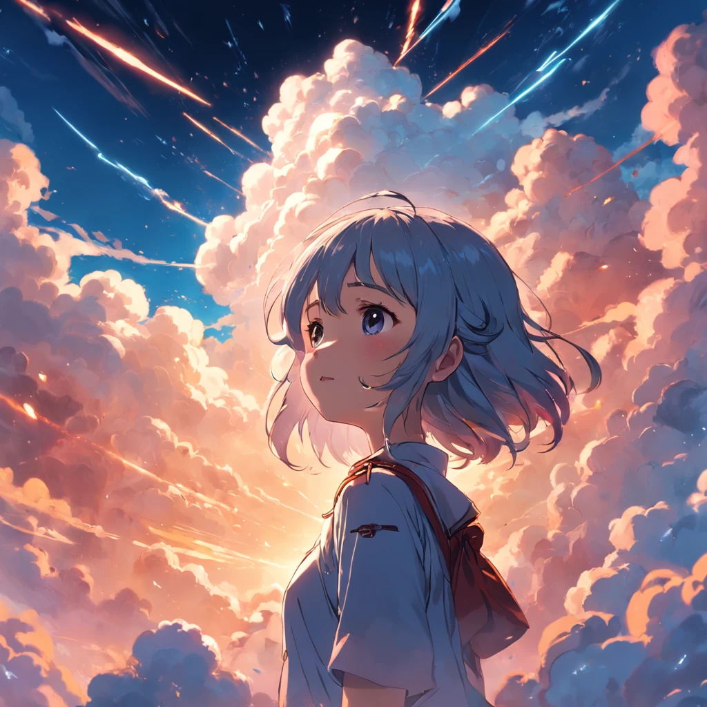 masterpiece, best quality, movie still, 1girl, cloud girl, floating in the sky, close-up, bright, happy, warm soft lighting, sunset, (sparks:0.7)