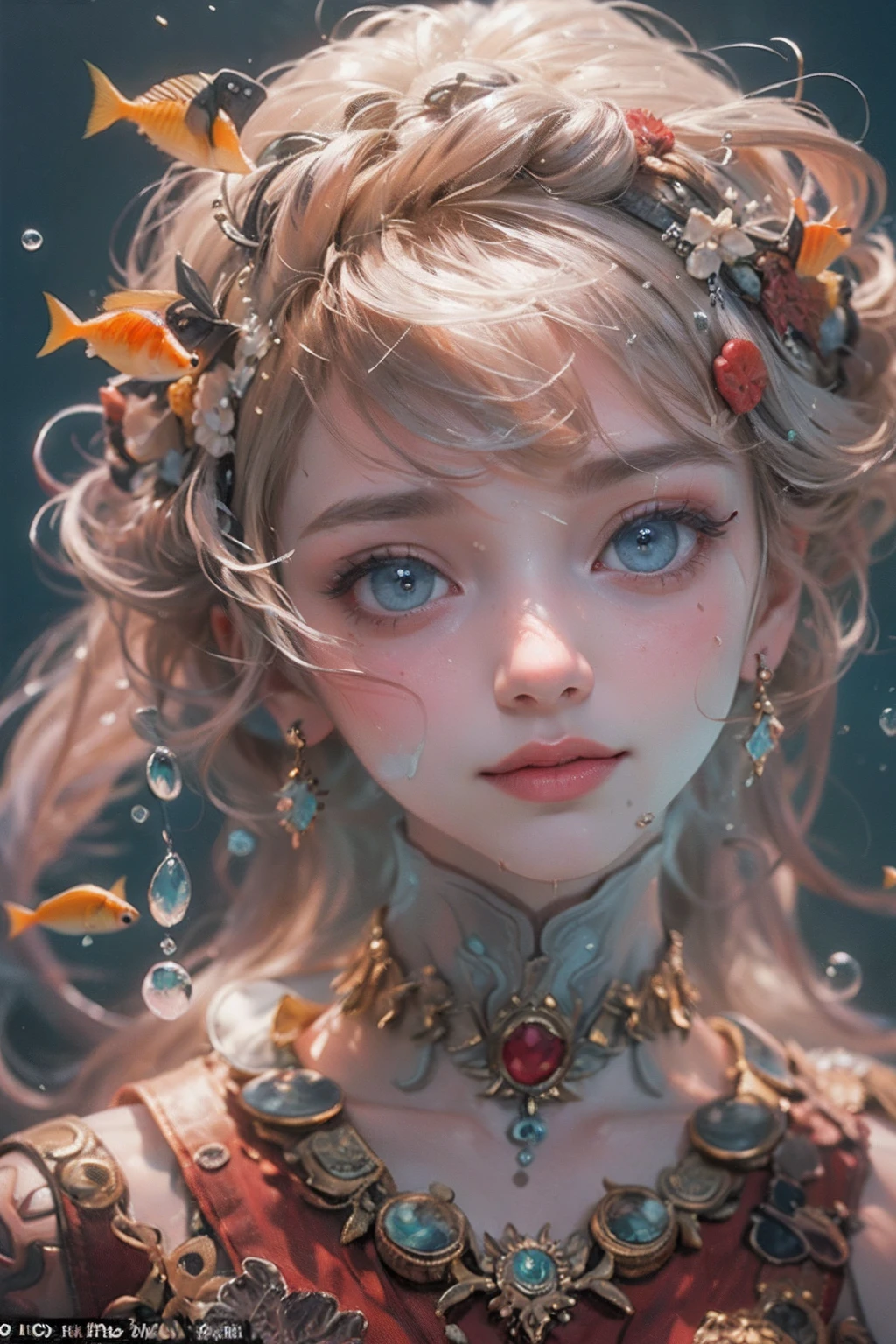 (Highest quality authentic textured skin),(abyssal),(Fine, Round, Symmetrical eyes),Delicate facial features,(Burning bright and cold eyes),(She has a mischievous smile on her face),(Her face is gentle and beautiful),Glass earrings on the ears,,(Blonde hair),(silvery white hair),(Maroon hair),(Swim at the bottom of the sea),(Full body portrait:1.5),(Dramatic photo:1.4),(dramatic pose),(flamboyant photo)(facing up),(Looking down),(Around her neck hangs a simple necklace of exquisite craftsmanship),A messy painting,(Hair flows in water:1.5),(Underwater, Marine life, Beautiful coral reef, Fish),(Vortices and tidal currents in the background),(Dramaticlight),(Magnificent scene),(Surrounded by beautiful fish),In the distant background is a temple submerged in a coral reef,the reef,Epic realism,Cinematic feeling,(high-density imaging review:1.5),(Soft color:1.2),Ultra detailed,Dramaticlight,(intricately details:1.1),the complex background,
