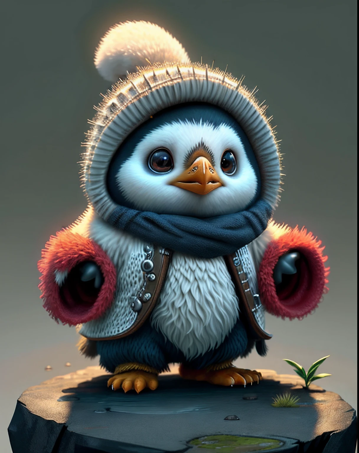 Top image quality、"Create cute creature masterpieces with inspired ultra-detailed concept art. Let your imagination come alive", （Bearded Penguin）, high detailing, in 8K、Top image quality、Dressed up as a martial artist in the game、Using knuckles、Kick Pose