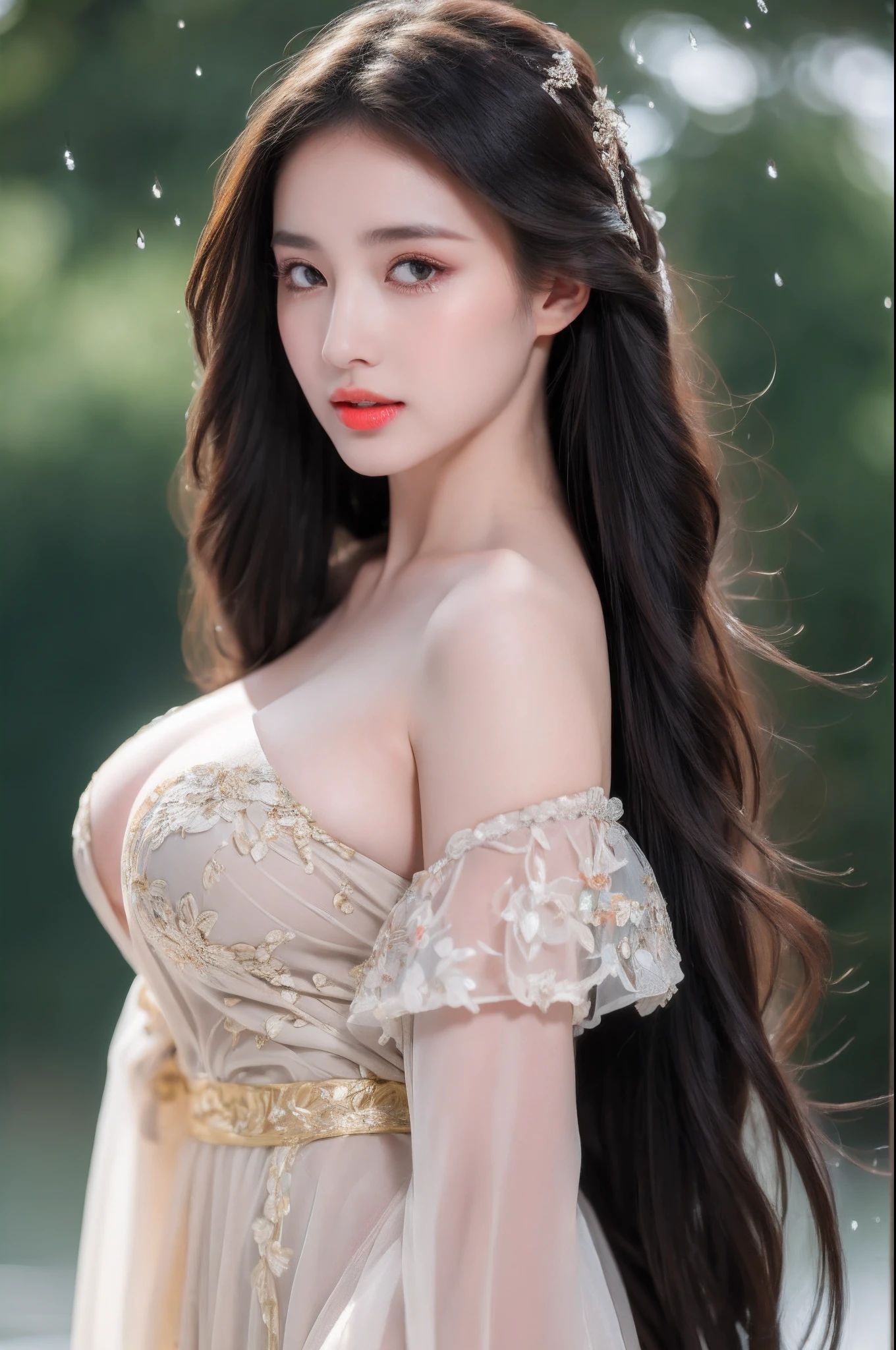 ((Best Quality, 8k, Masterpiece: 1.3)), Focus: 1.2, Perfect Body Beauty: 1.4, Buttocks: 1.2, ((Layered Haircut)), (Wet Clothes: 1.1), (Rain, Street:1.3), (Breasts: 1.2), (Hanfu: 1.2), Bare Shoulders, Bare Legs, Highly Detailed Face and Skin Texture, Fine Eyes, Double Eyelids, Whitened Skin, Long Hair, (Shut Up: 1.5), (Bokeh Background: 1.5), Big Breasts