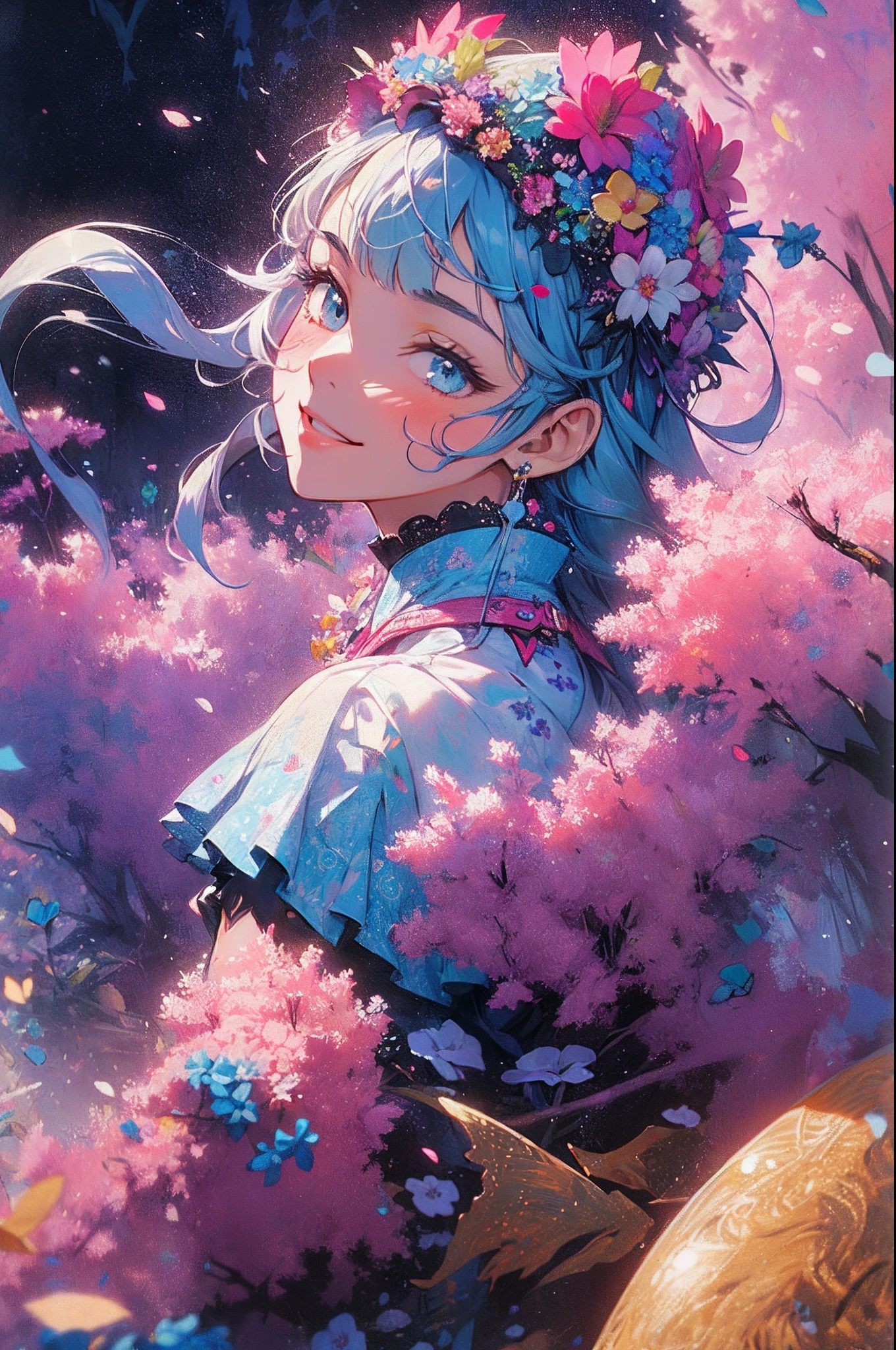 ((Flower dress),((flowercrown)),innocent smiles,(1 girl, Solo:1.6),(Cute smile),(Clothes are simple), (Best Impact:1.5), (maximalism:1.7), Vivid contrast, (Realistic), hyperrealistic illustrations, hight resolution, ultra-detailliert, absurderes,(Fractal Art:1.3)、Random hairstyle、Random hair color colorful、FULL BODYSHOT、Retro、Precise focus、randome pose、cinema4d、Drama