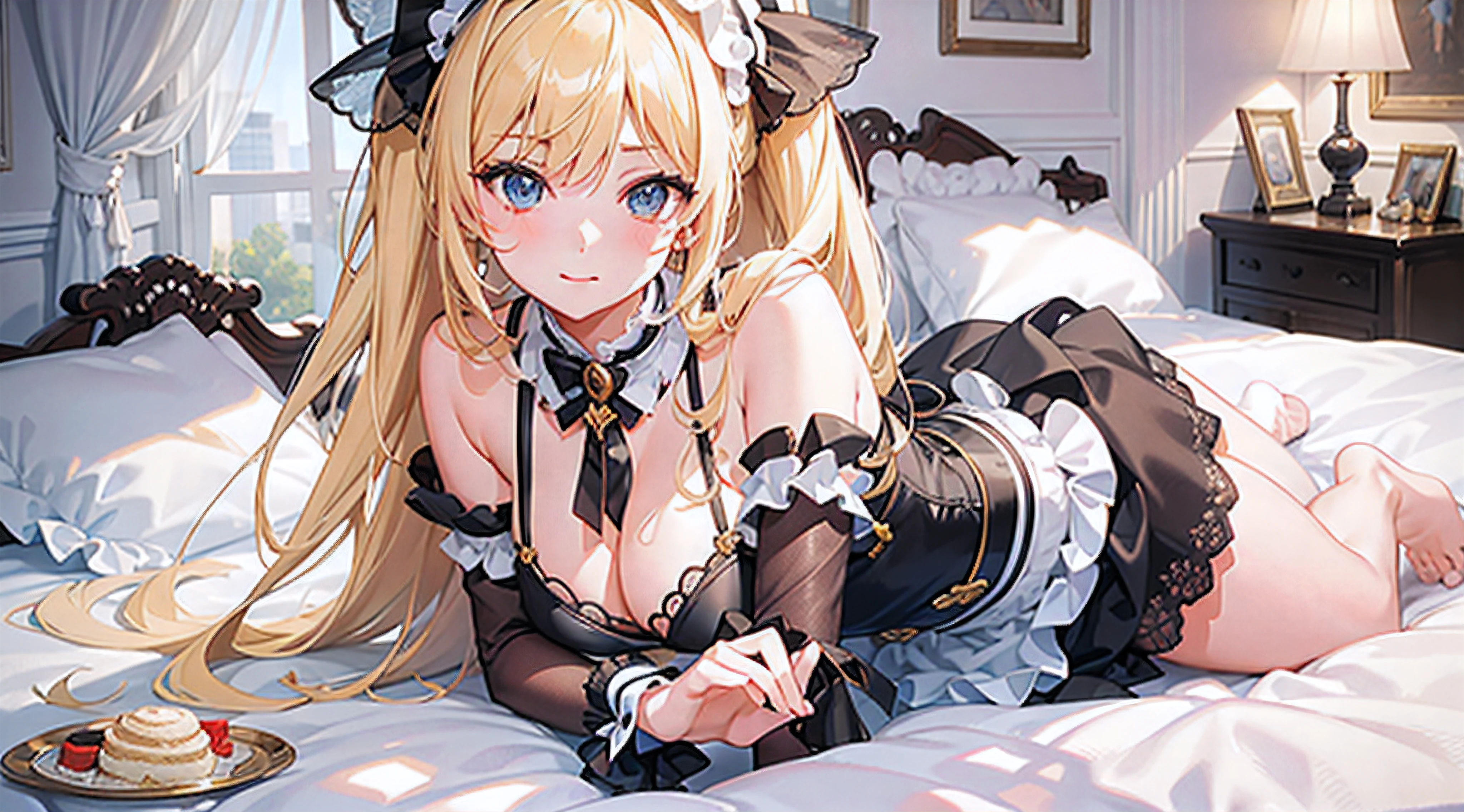 ((Need)), ((tmasterpiece)), (A detailed), Lovely maid,playful gaze, captivating posture,Lower body exposed,Pornographic,(A high resolution:1.2) NSFW,In a comfortable bed,Blonde hair,of gazes and expressions,Detailed room background,pastelcolor,Wearing maid costumes,Cute big breasts,Lori huge breasts cleavage,Hellman painting style,otherworldly charm,Two-dimensional,Cute and playful expression,Happy,anime,anime ,Beautiful cute and delicate face