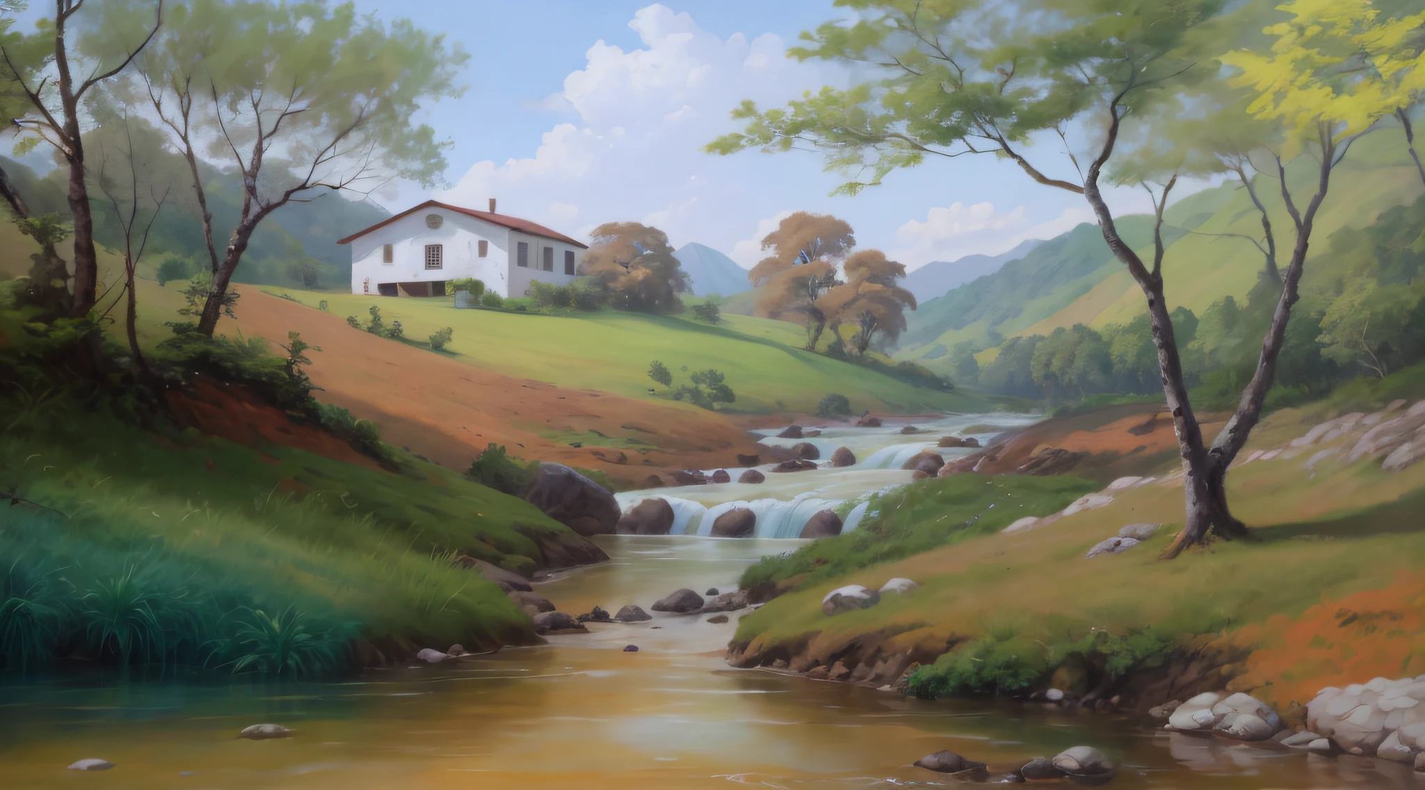 pintura de uma casa,com um rio que atravessa um vale verde exuberante com montanhas ao fundo, colinas fluidas, 8k resolution digital painting, 8k resolution digital painting, Pintura digital 4K, Pintura digital 4k, pintura digital detalhada, baixo detalhamento. pintura digital, Pintura Digital de Alto Detalhe, peaceful landscape, rio, trees and hills, pintura detalhada 4K, pintura digital 4k