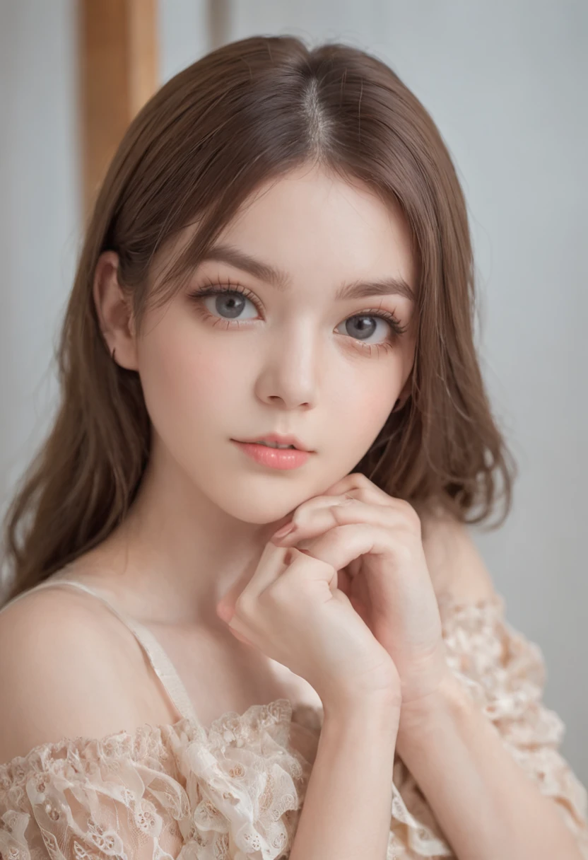 (One lady)、Big eyes、drooing eyes、kawaii、A sexy、"Full body portrait of attractive 17 year old girl with brown straight hair, Beautiful face, Seductive dark blue eyes, Large bust size, Show its natural beauty."A sexy