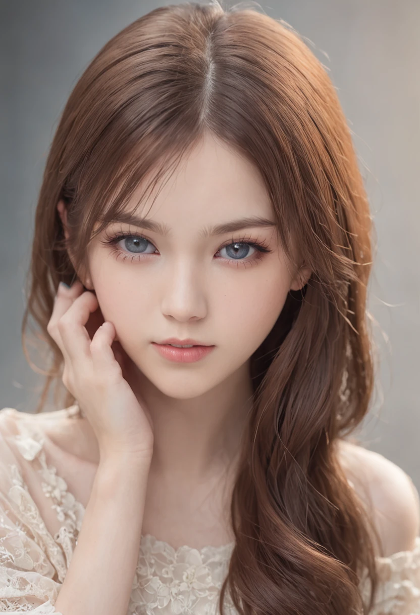 (One lady)、Big eyes、drooing eyes、kawaii、A sexy、"Full body portrait of attractive 17 year old girl with brown straight hair, Beautiful face, Seductive dark blue eyes, Large bust size, Show its natural beauty."A sexy