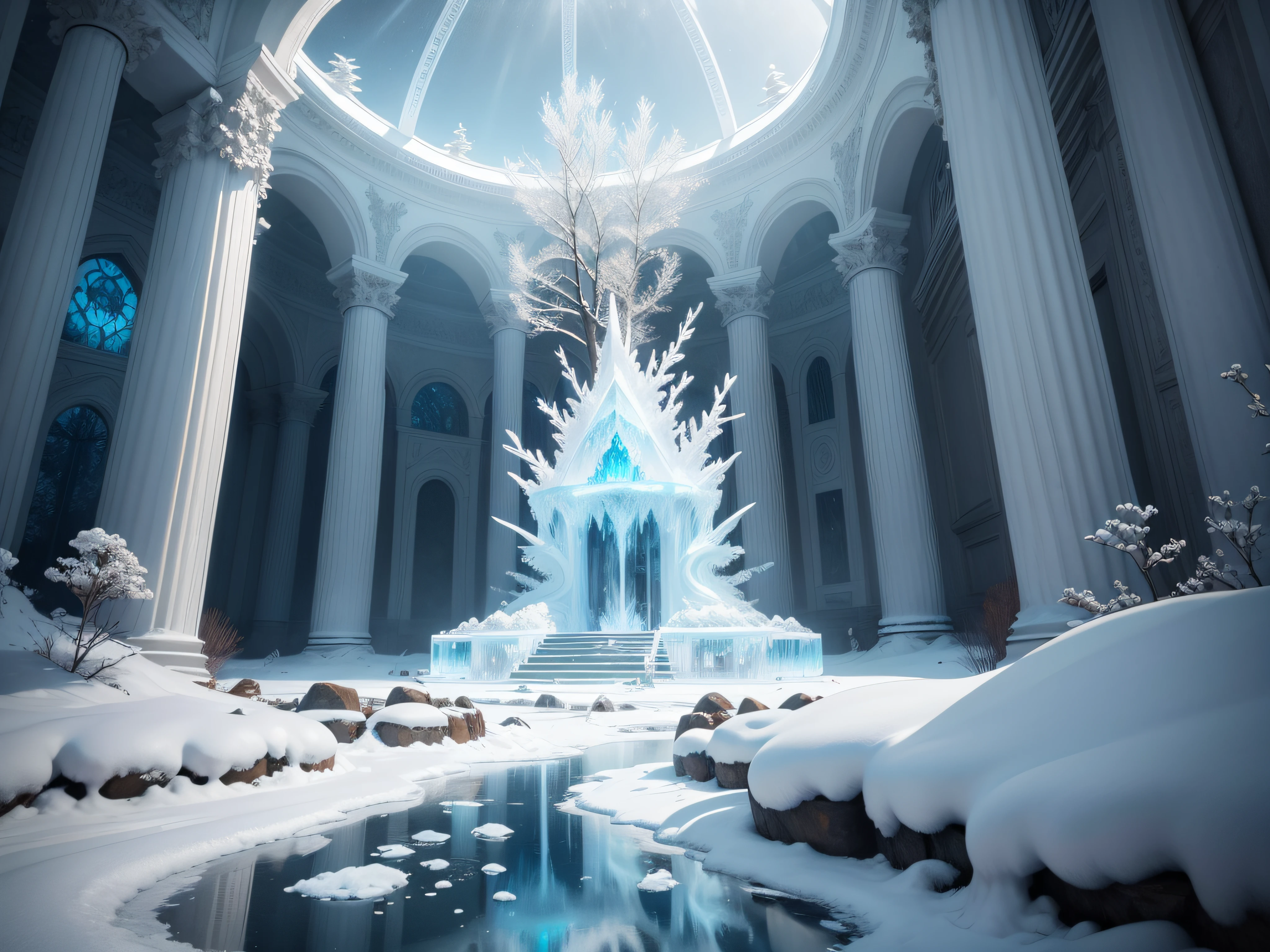 Garden of a beautiful ice palace, paisagem deslumbrante com ambiente nevado e esculturas de gelo nas laterais ultra realista e floresta de inverno ao fundo, com um trono de gelo na frente, ultra realista 4k