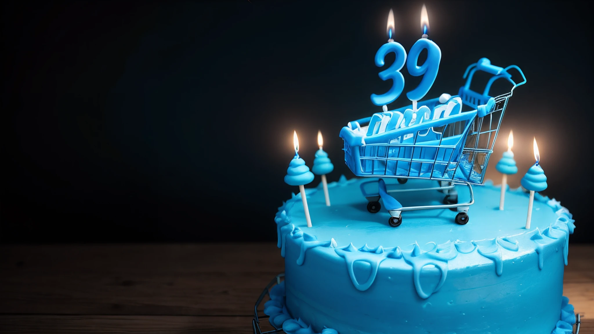 a beautiful Birthday cake with blue icing, shopping cart on top of it, with lit candles in shape of number 39 on top of it, high detail, sharp focus, cinematic,
