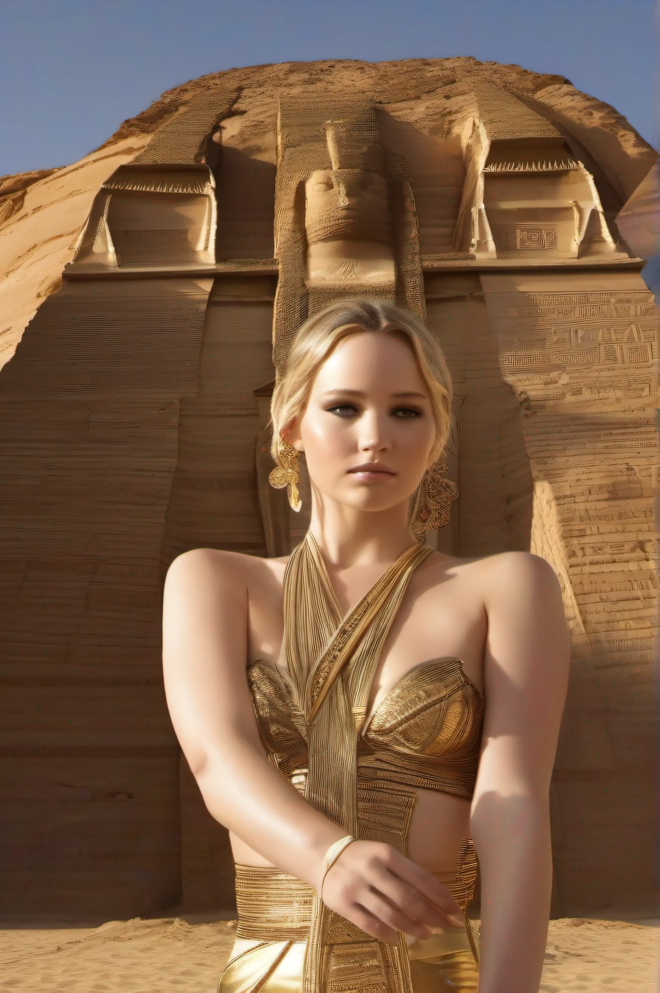 "Imagine an AI-generated image that transforms Jennifer Lawrence into a Greek goddess, embodying the timeless grace and power of ancient mythology. Picture her draped in ethereal Grecian robes, adorned with divine accessories that capture the essence of her modern persona merged with classical elegance. Surround her with a celestial aura, set against a background reminiscent of Mount Olympus. Incorporate symbolic elements that represent her strengths and virtues, creating a visual ode to Jennifer Lawrence as a contemporary deity in the pantheon of Greek mythology."