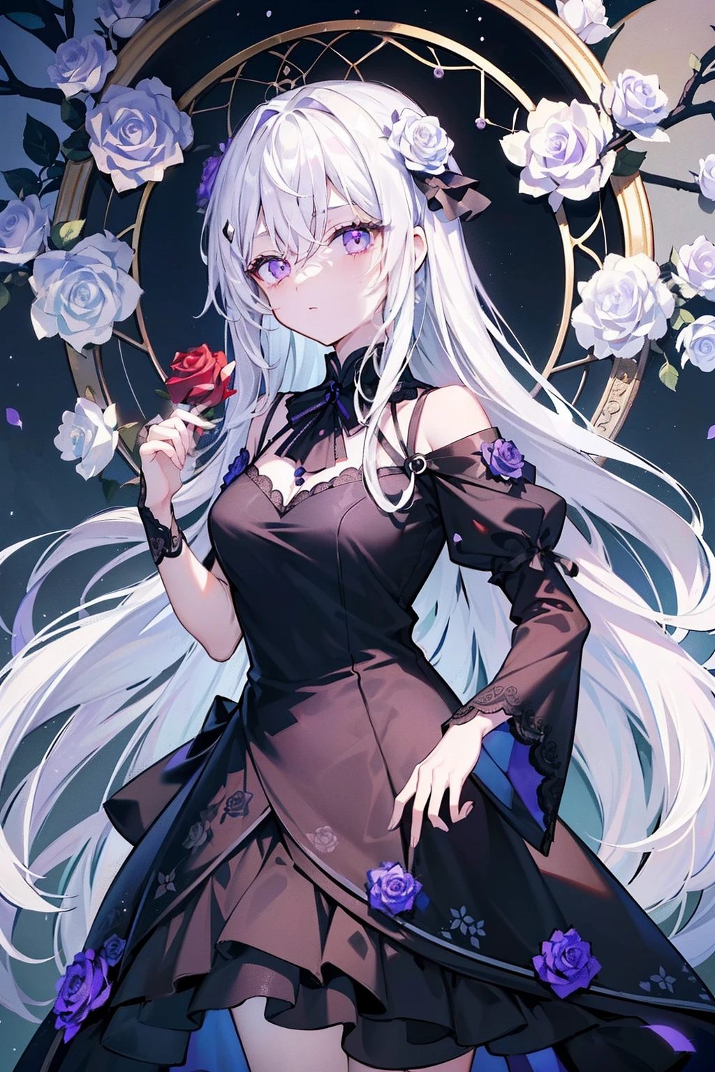 (top-quality、​masterpiece)、(1girl in、独奏、Black Dress、is standing、Look at viewers、White hair、Purple Eye、There are roses、Keep your mouth shut、The upper part of the body)、(Dream Catcher in the Back、florals、)、length hair、
